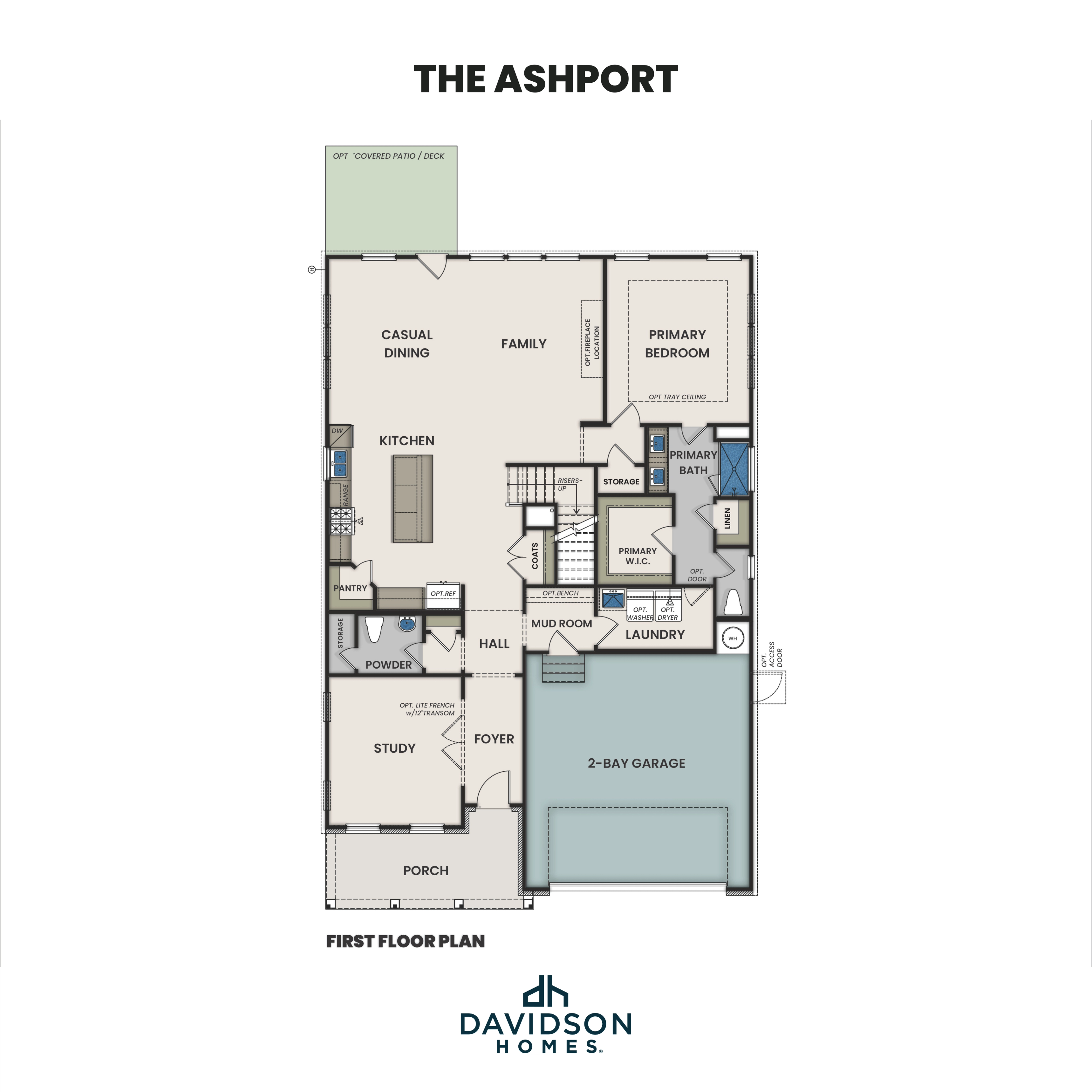 First floor plan of The Ashport showcasing open kitchen, primary suite, casual dining, family room, and 2-car garage