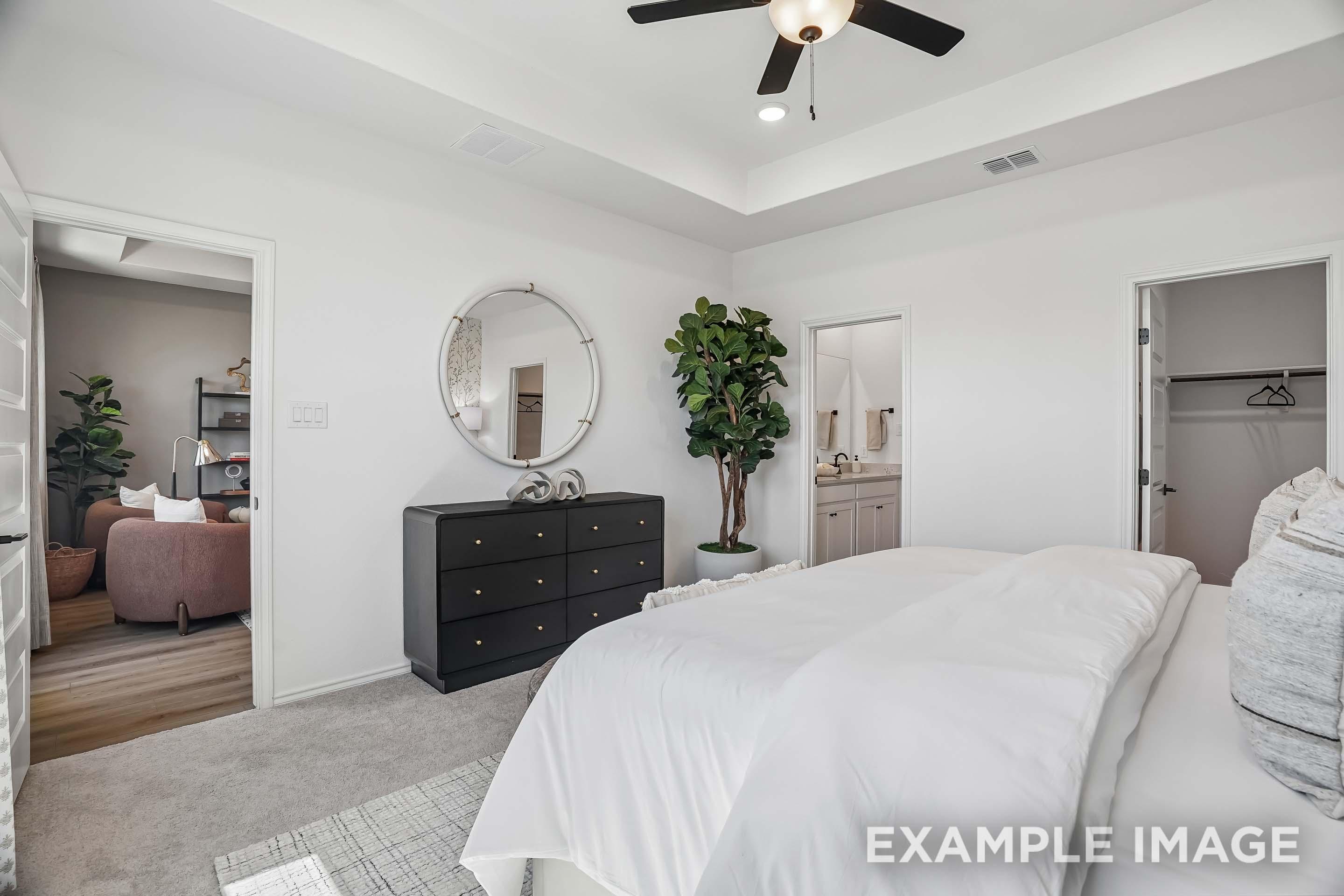 Spacious master suite in The Pinecrest D featuring a tray ceiling, en-suite bathroom, walk-in closet, and modern decor.