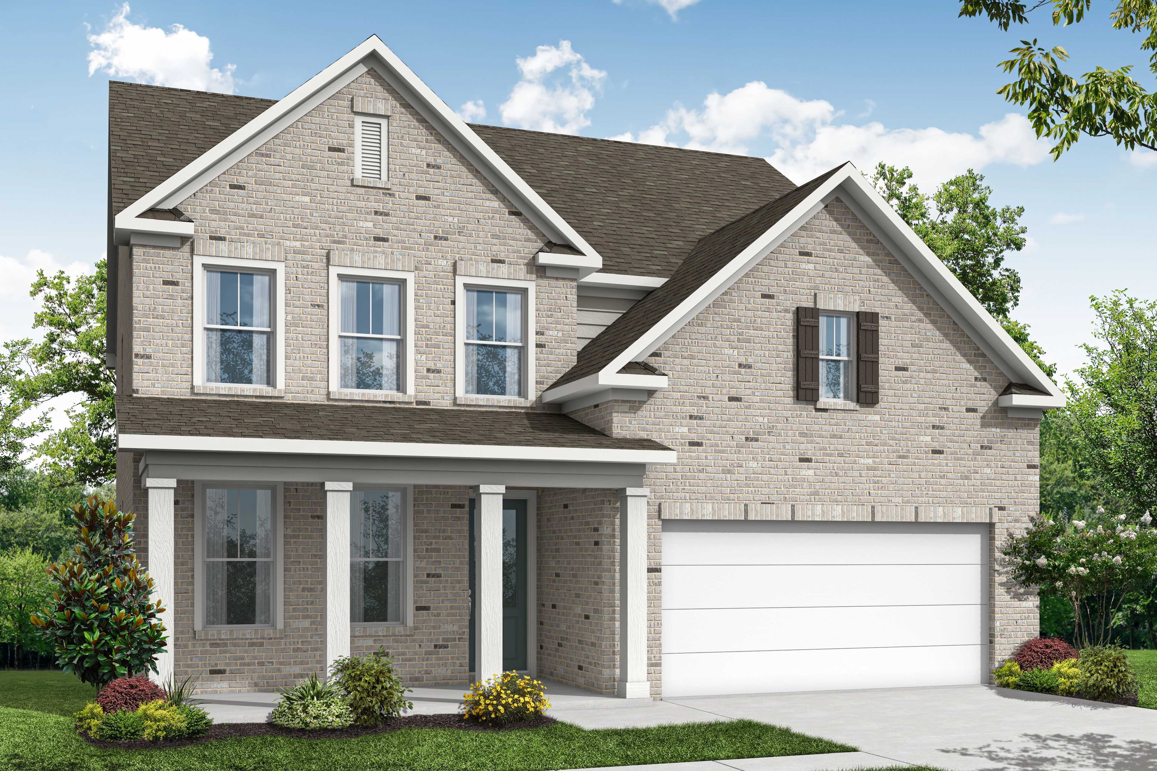 Two-story brick facade of The Hickory home design by Davidson Homes, featuring gabled roof, columned porch, and two-car garage in Buford, GA