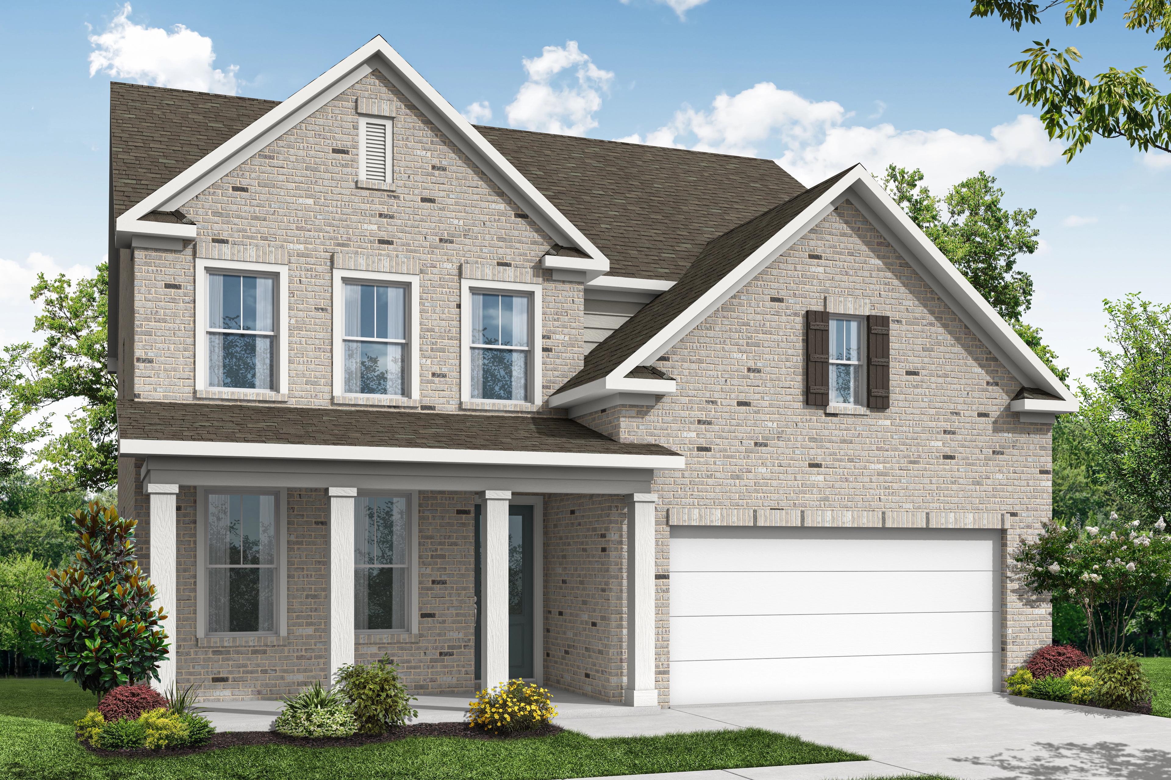 Two-story brick facade of The Hickory home design by Davidson Homes, featuring gabled roof, columned porch, and two-car garage in Buford, GA