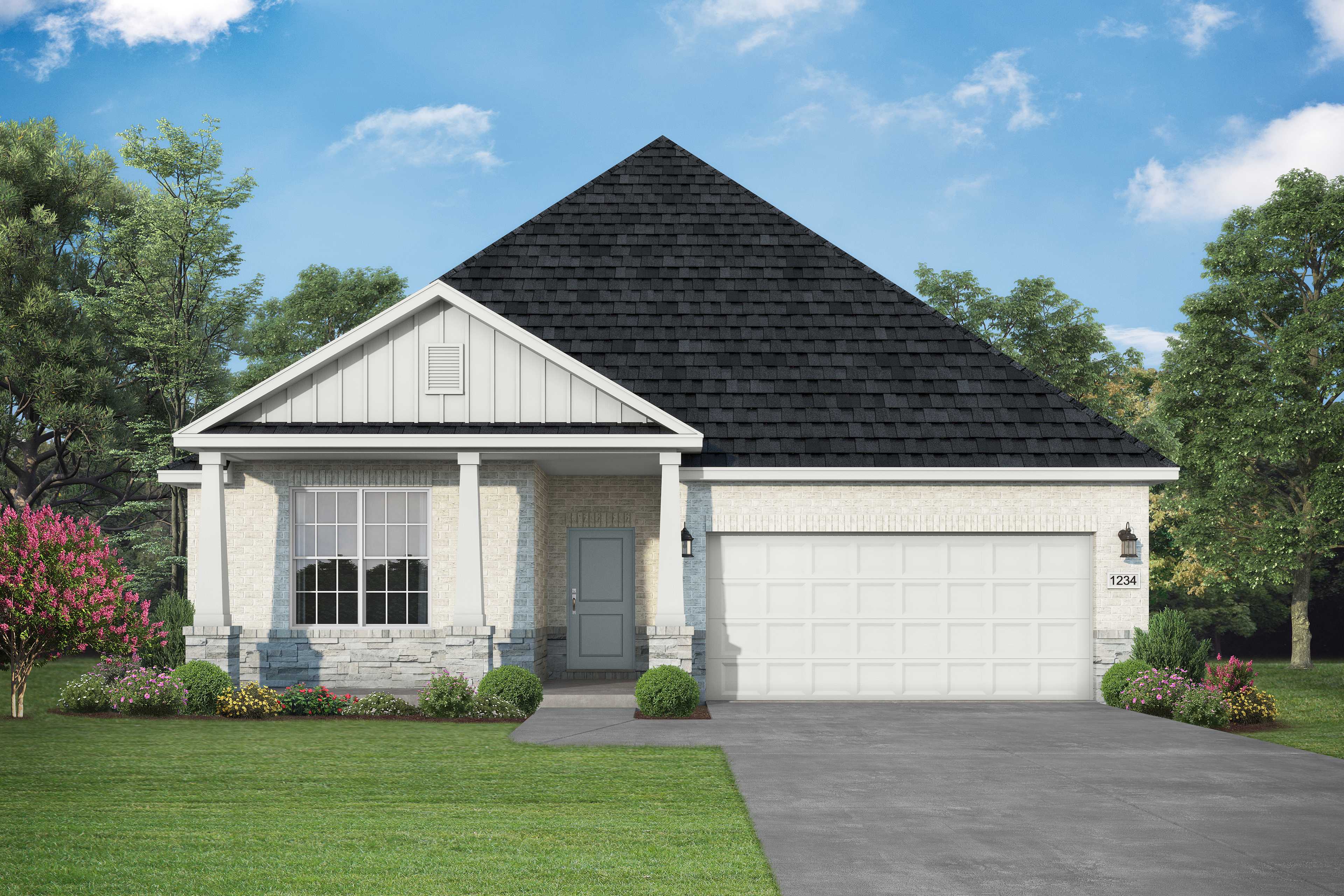 Daphne H single-story home elevation with white board-and-batten siding, black gabled roof, covered porch, 2-car garage, and landscaped yard