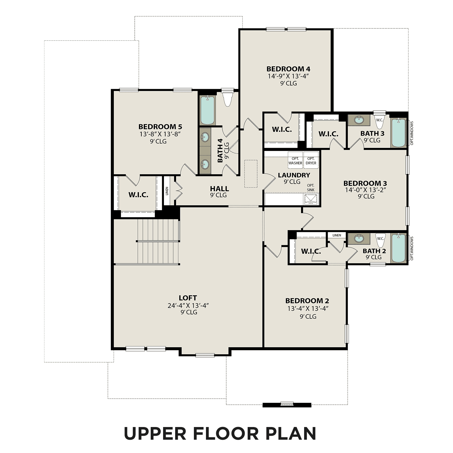Upper floor plan of The Albany A by Davidson Homes featuring master suite, loft, four bedrooms, and baths