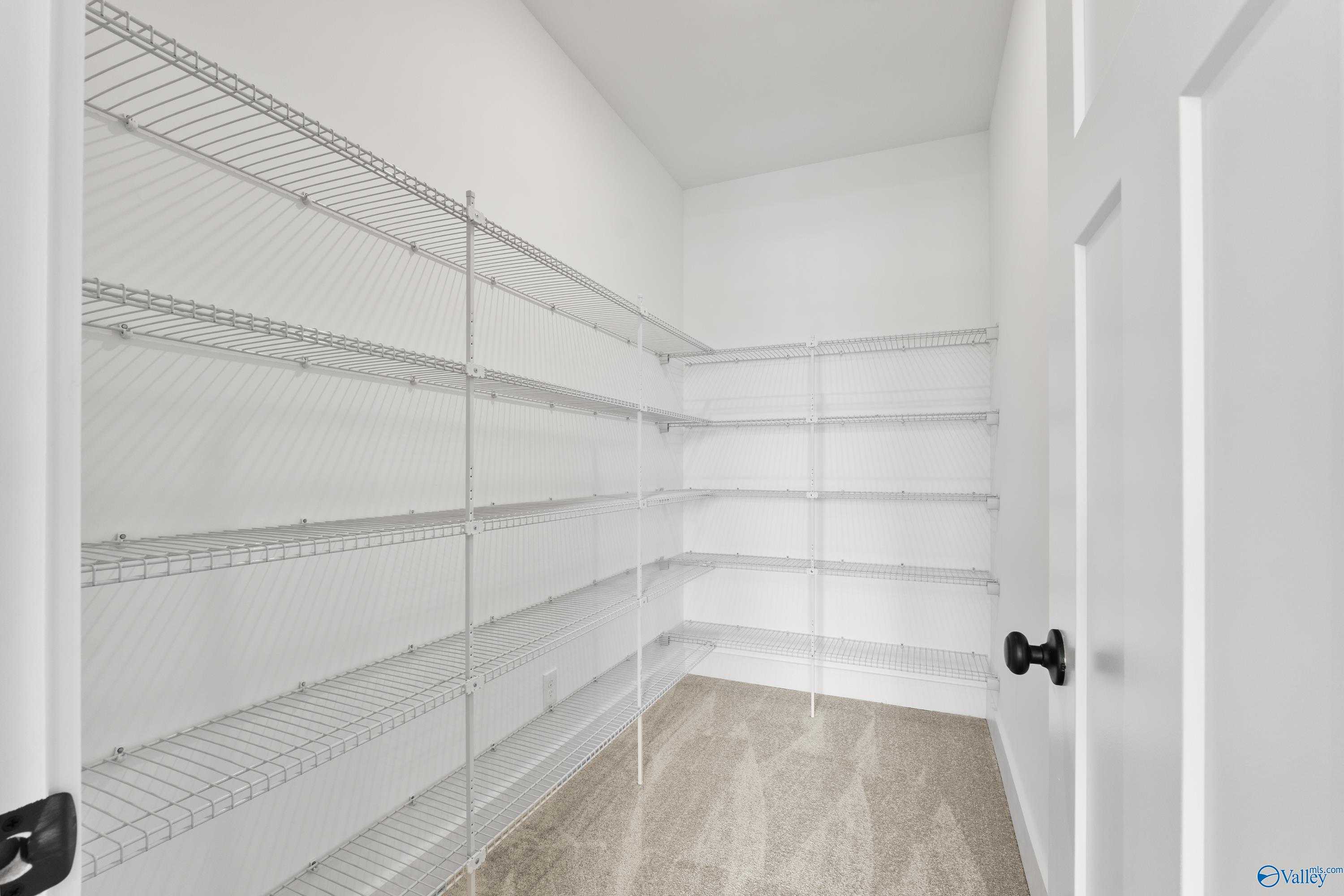 Spacious walk-in closet with white wire shelving in Davidson Homes The Arcadia, 4-bedroom home, Riverton Preserve, Huntsville, Alabama