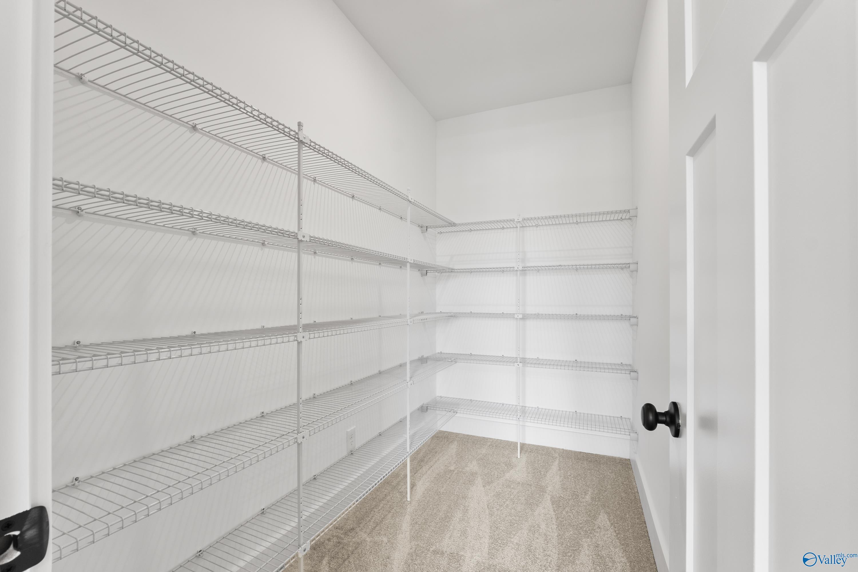 Spacious walk-in closet with white wire shelving in Davidson Homes The Arcadia, 4-bedroom home, Riverton Preserve, Huntsville, Alabama