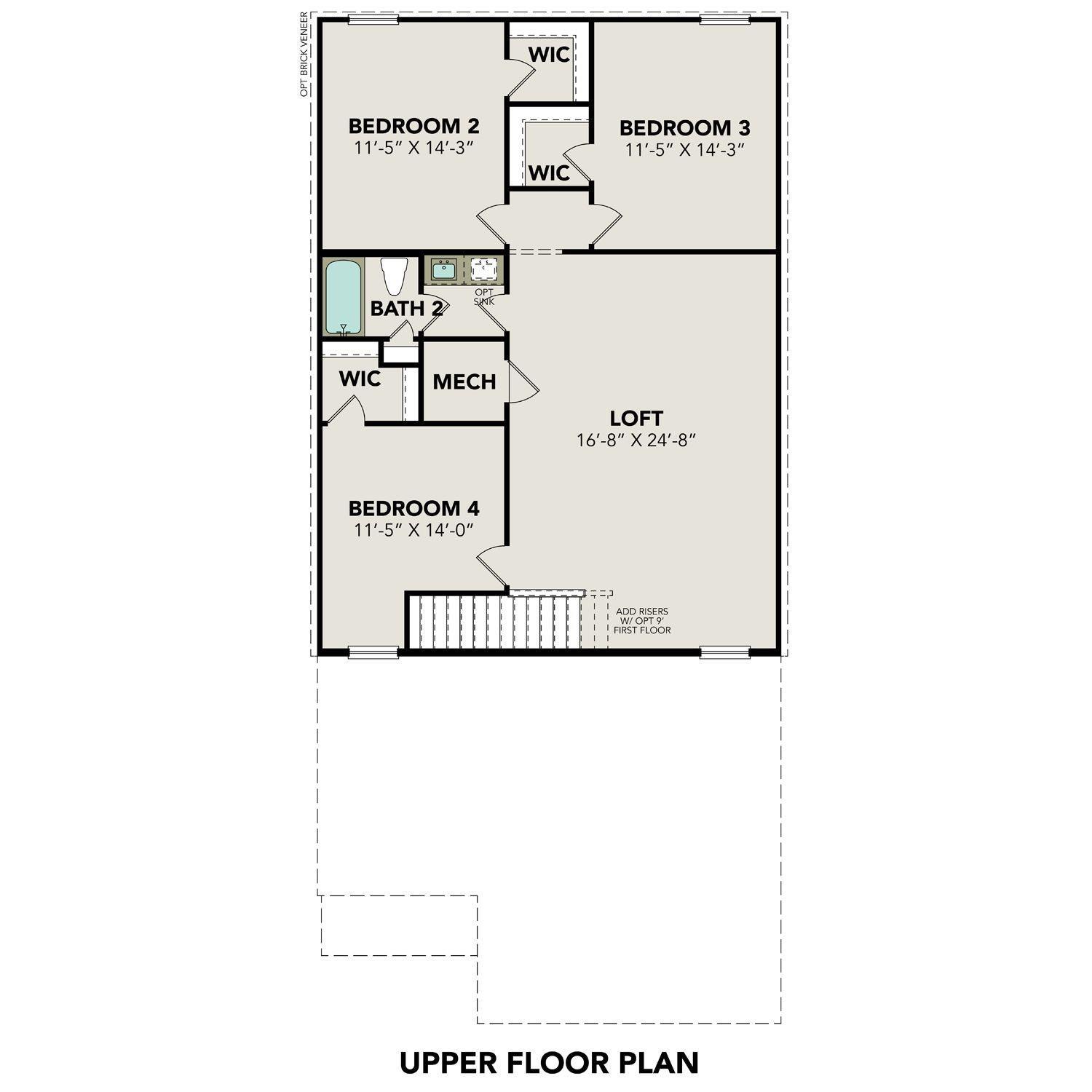 Upper floor plan of The San Marcos E 5-bedroom home with loft, three bedrooms, baths, and WICs in Liberty Estates, Cleveland, Texas