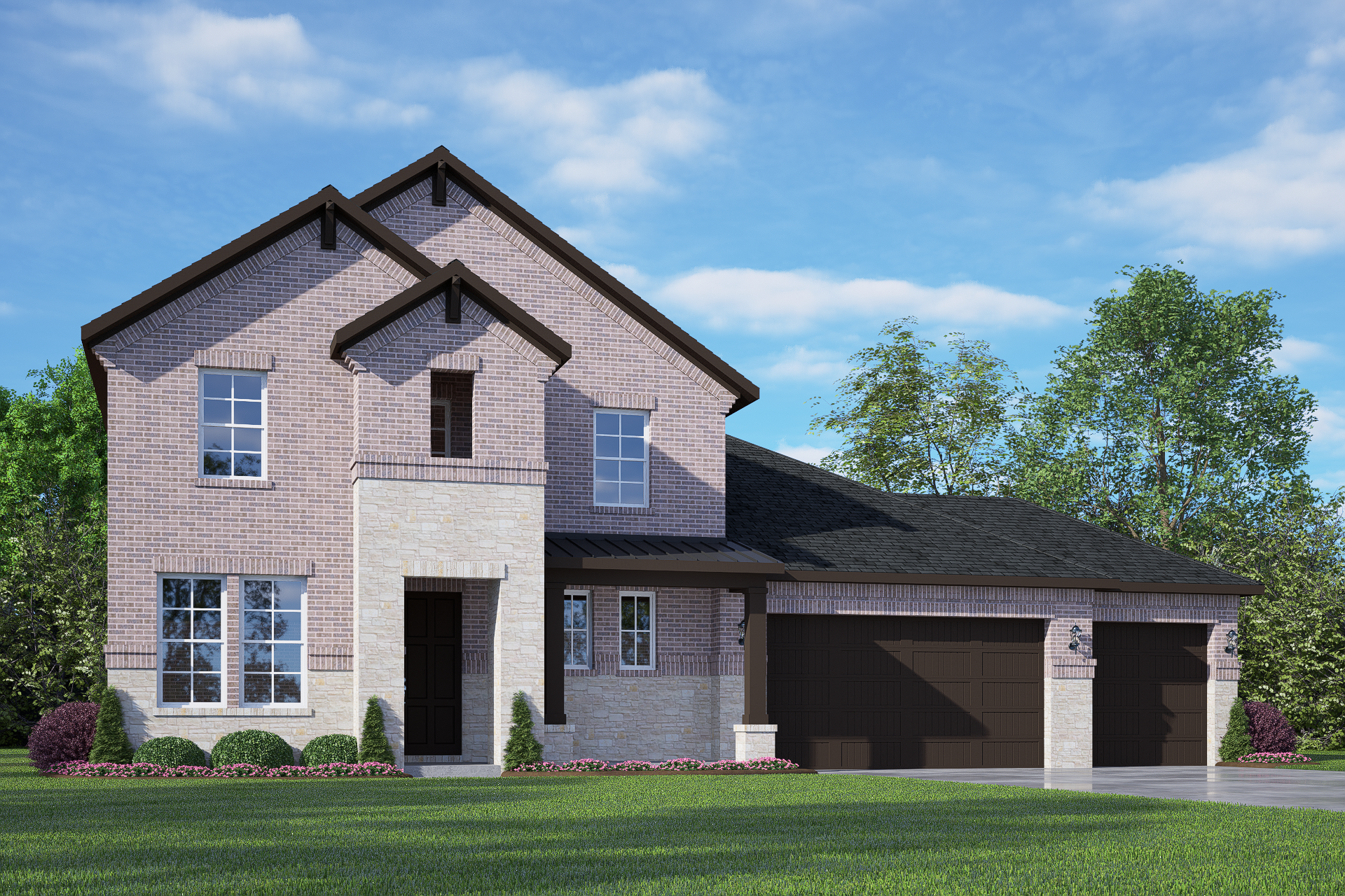 Two-story brick and stone elevation of The Philip C showcasing 3-car garage and master suite layout