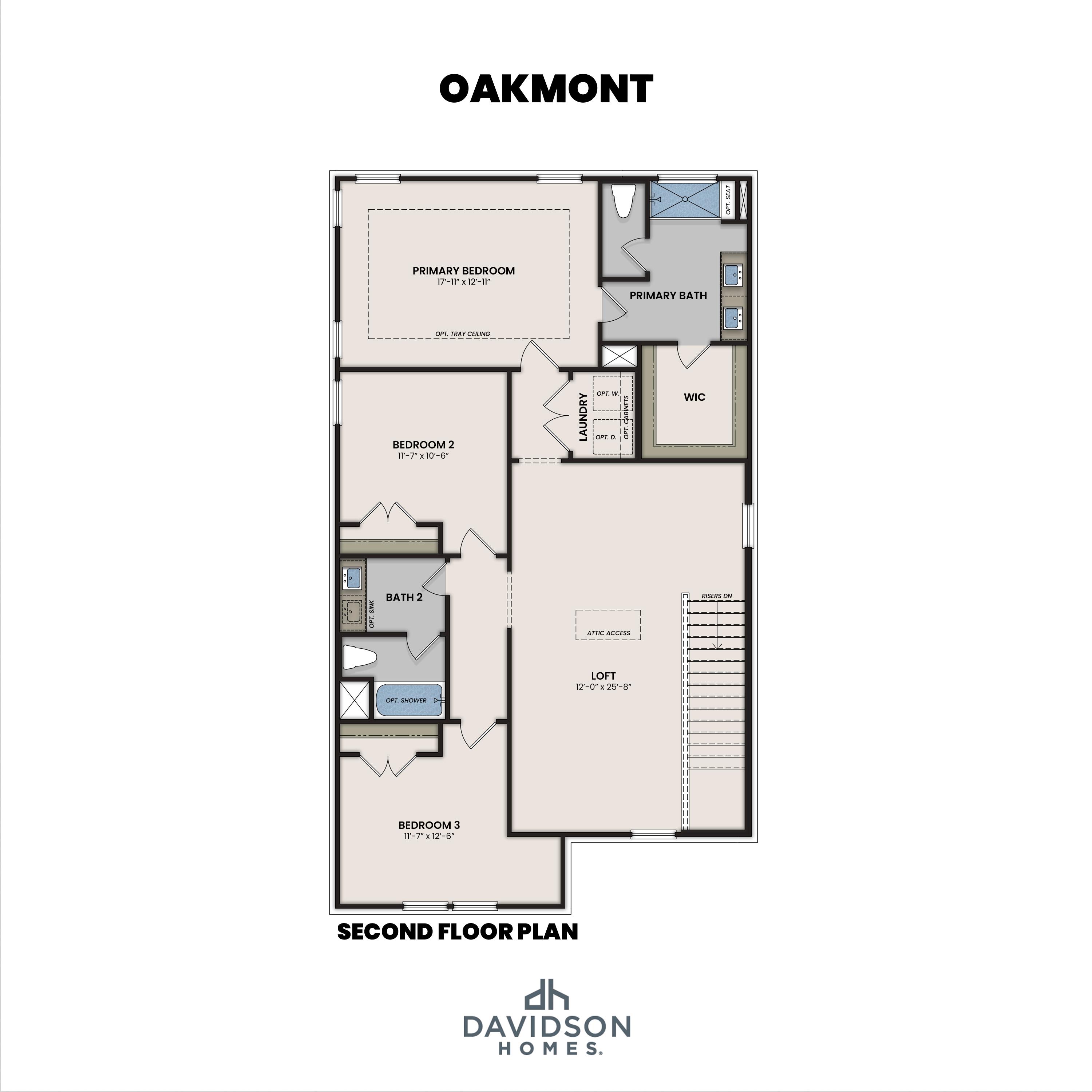 Second floor layout of The Oakmont by Davidson Homes featuring a primary suite, loft, and additional bedrooms.
