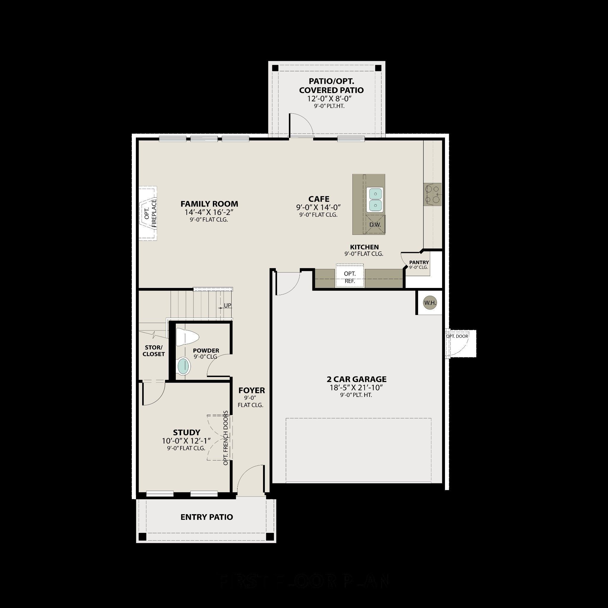 First-floor floor plan of The Logan C: open family room, cafe, kitchen, study, 2-car garage, covered patio in 3-bed Davidson Homes, Gallatin, TN