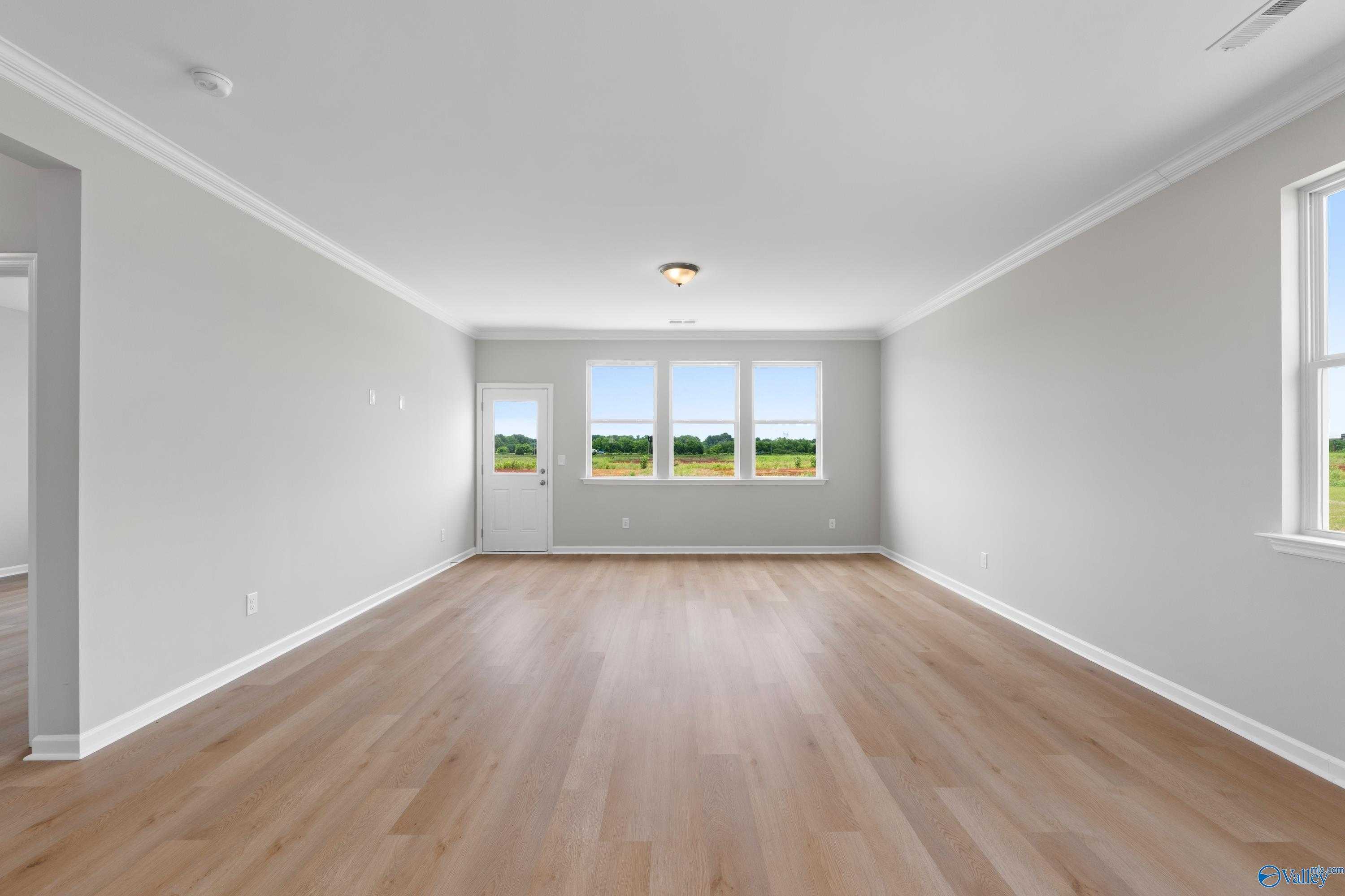 Bright living room with hardwood floors, gray walls, large windows overlooking fields in Davidson Homes The Orion, Athens Alabama