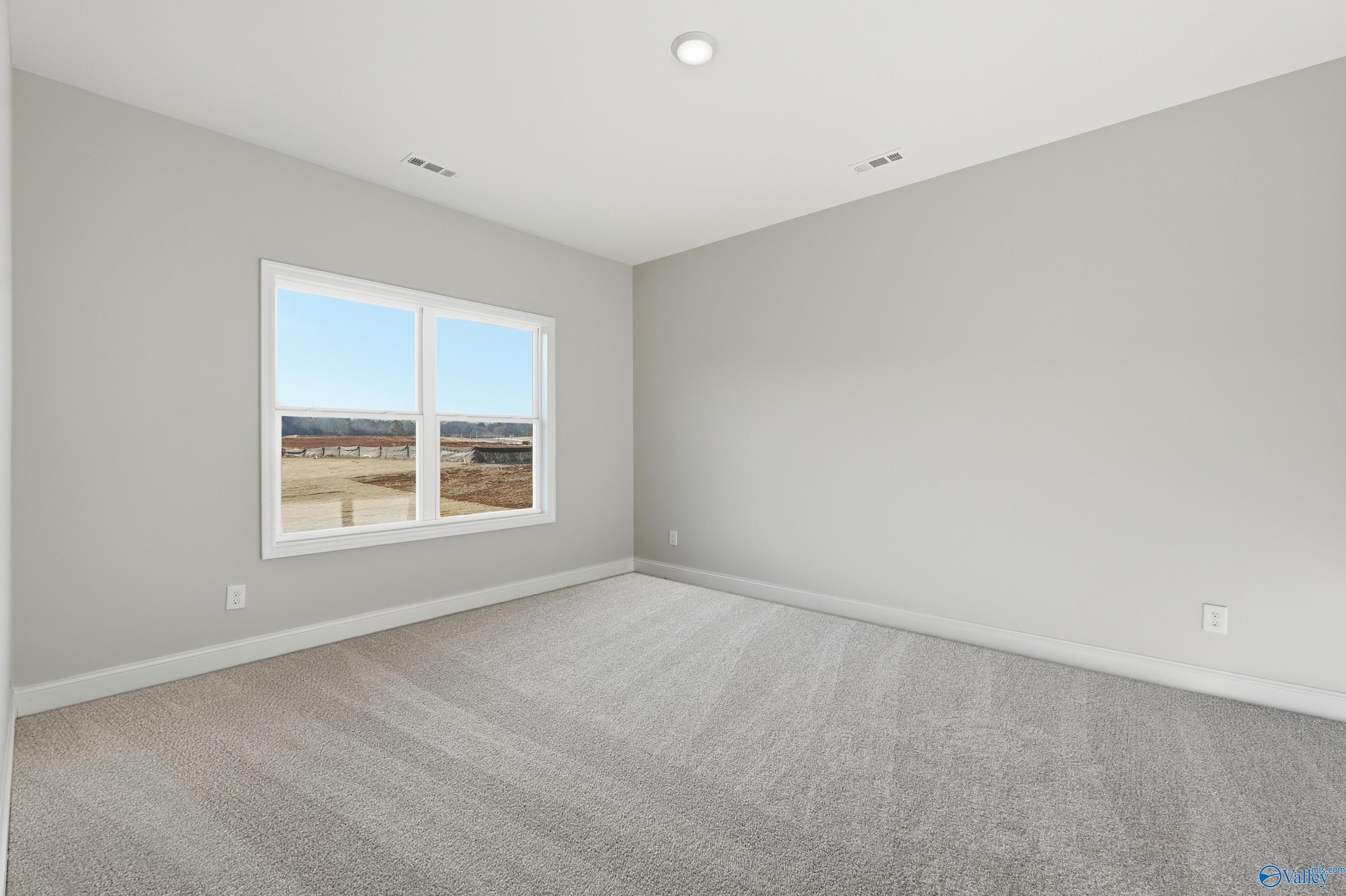Bright bedroom with gray walls, carpet floor, and large window overlooking fields in Davidson Homes The Franklin E, Hazel Green, Alabama