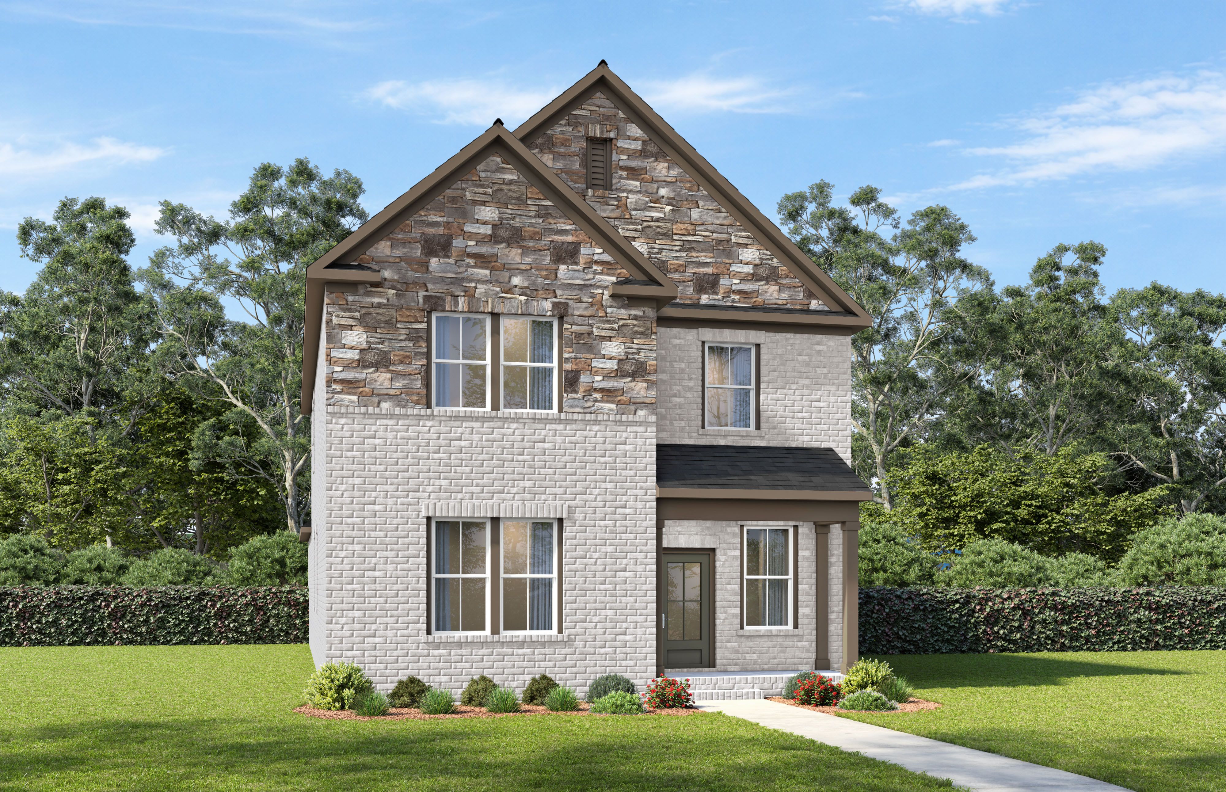 Front elevation of The Oakmont by Davidson Homes featuring brick and stone exterior, 2-story design in Mt. Juliet, TN