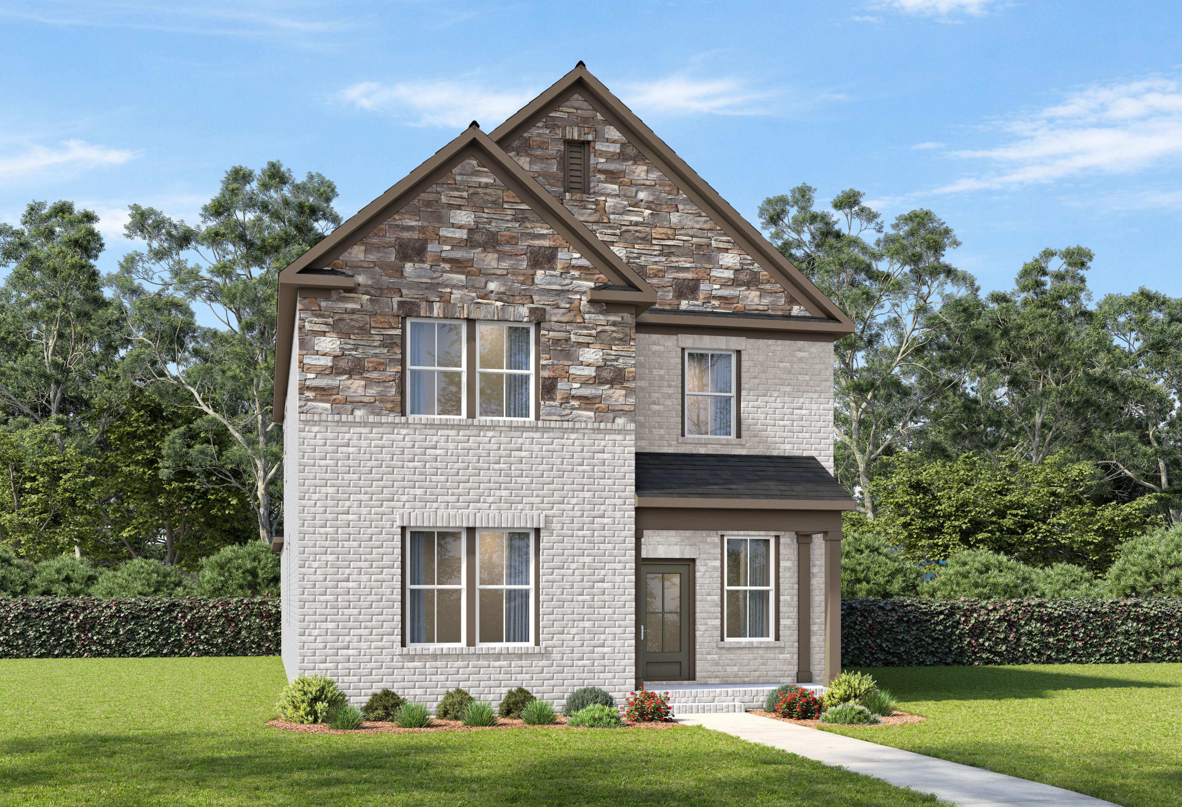 Front elevation of The Oakmont by Davidson Homes featuring brick and stone exterior, 2-story design in Mt. Juliet, TN