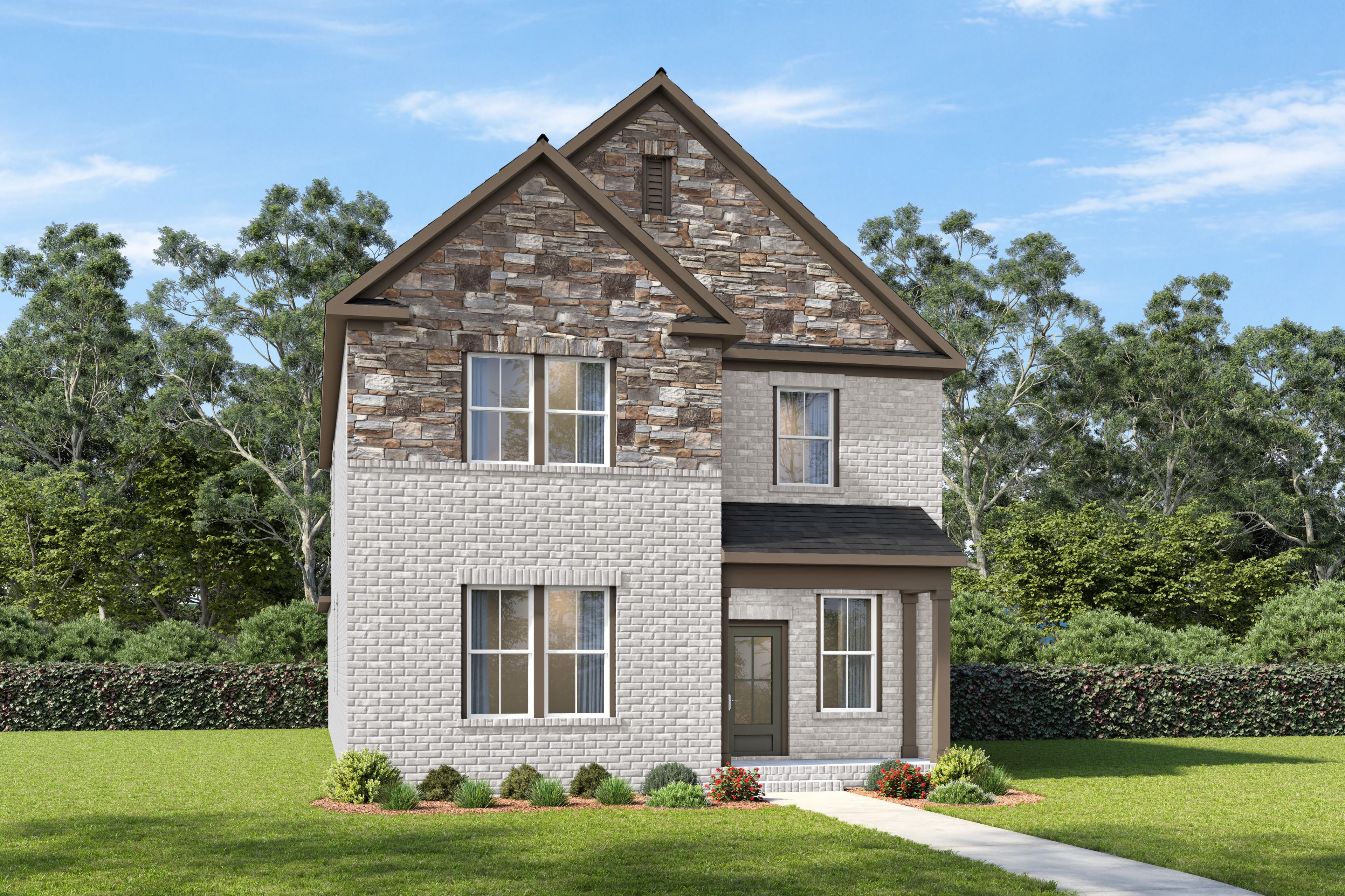 Front elevation of The Oakmont by Davidson Homes featuring brick and stone exterior, 2-story design in Mt. Juliet, TN