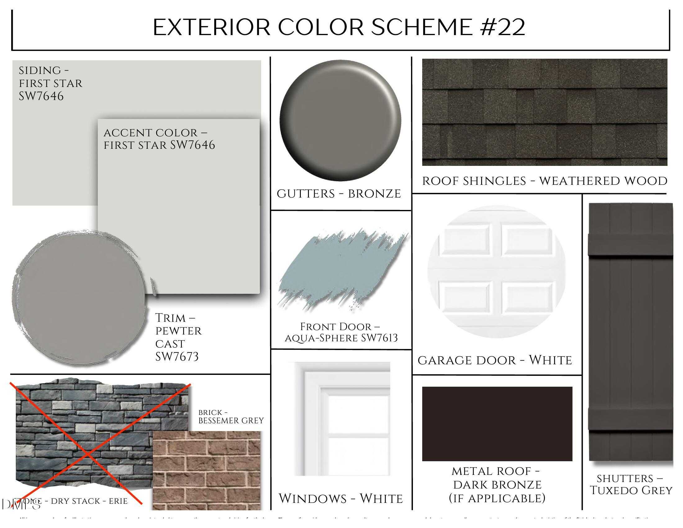 Exterior color scheme #22 with First Star body, gray trim, bronze gutters, and weathered wood roof for Davidson Homes The Avery in Knightdale, NC