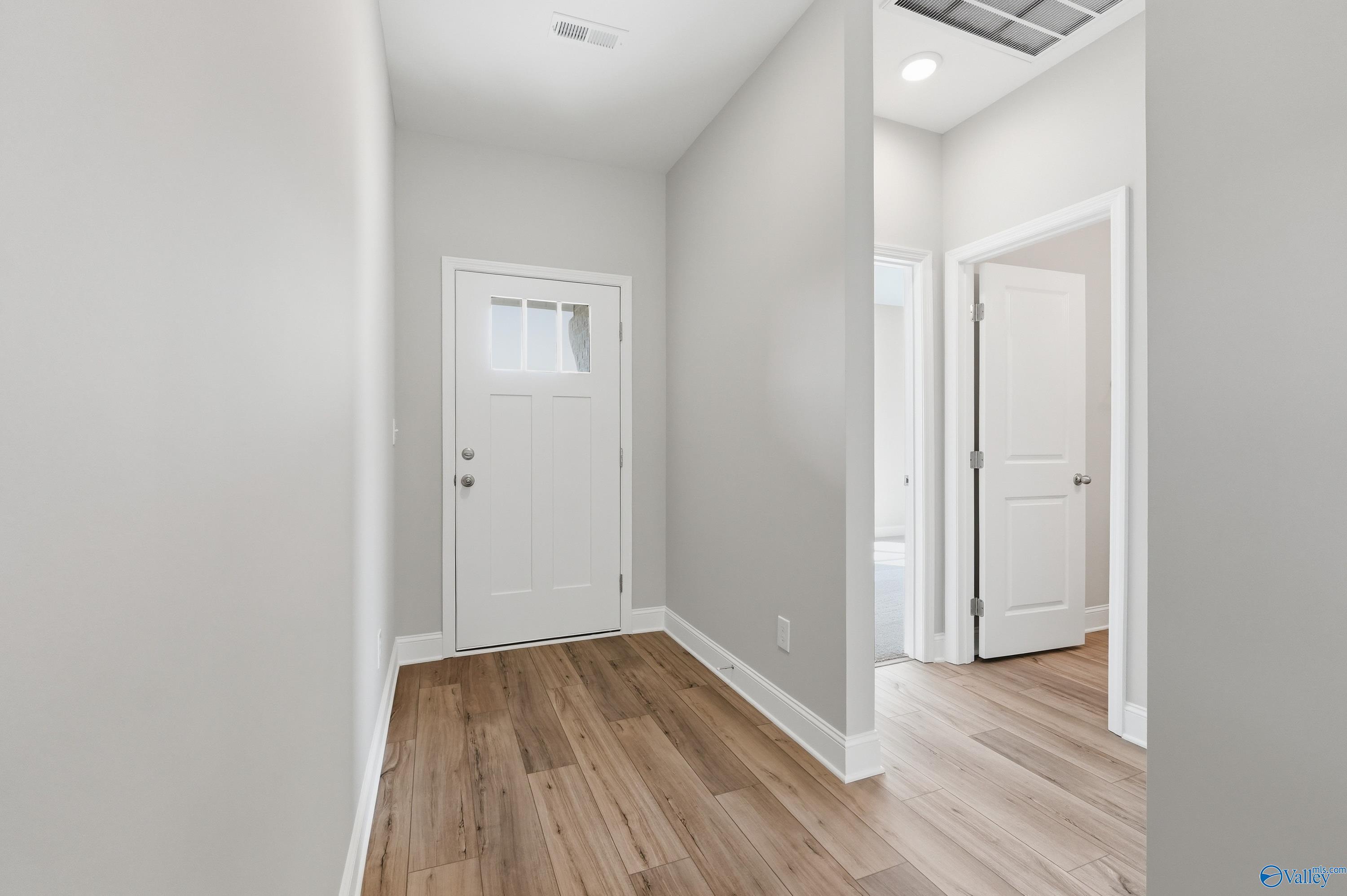 Bright entry hallway with hardwood floors, light gray walls, and white doors in Davidson Homes The Asheville, Spragins Cove, Huntsville AL