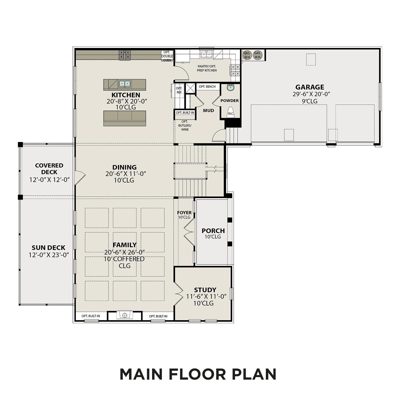 The Alston A main floor plan: open kitchen, dining, family room, study, covered porch, 3-car garage in Murfreesboro, TN