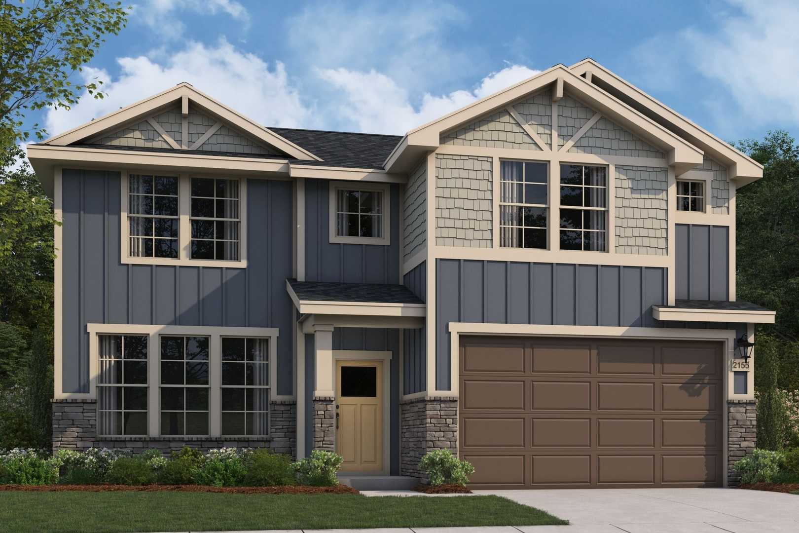 Modern two-story The Stella home elevation with navy blue siding, stone base, gabled roof, two-car garage, and lush landscaping in Perry, Georgia