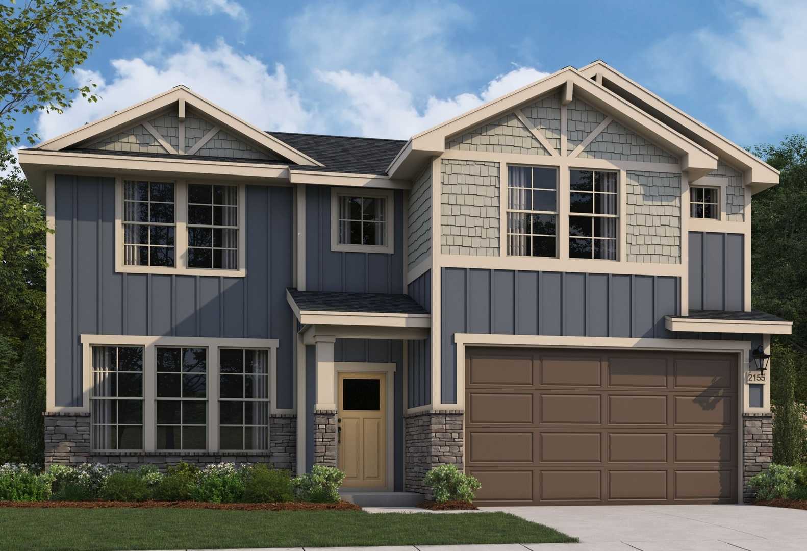 Modern two-story The Stella home elevation with navy blue siding, stone base, gabled roof, two-car garage, and lush landscaping in Perry, Georgia