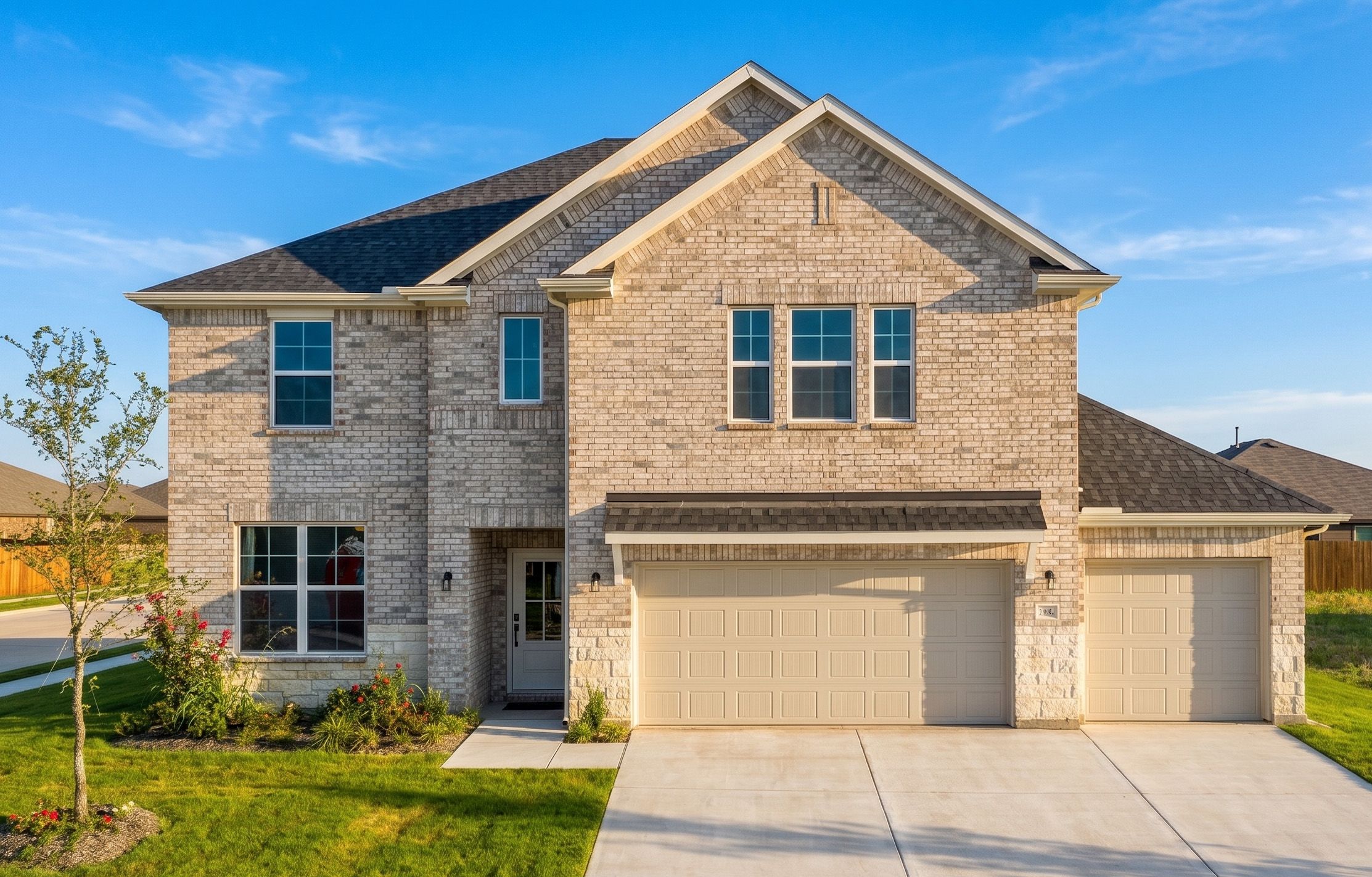 2-story home with a 3-car garage, light colored brick and stone