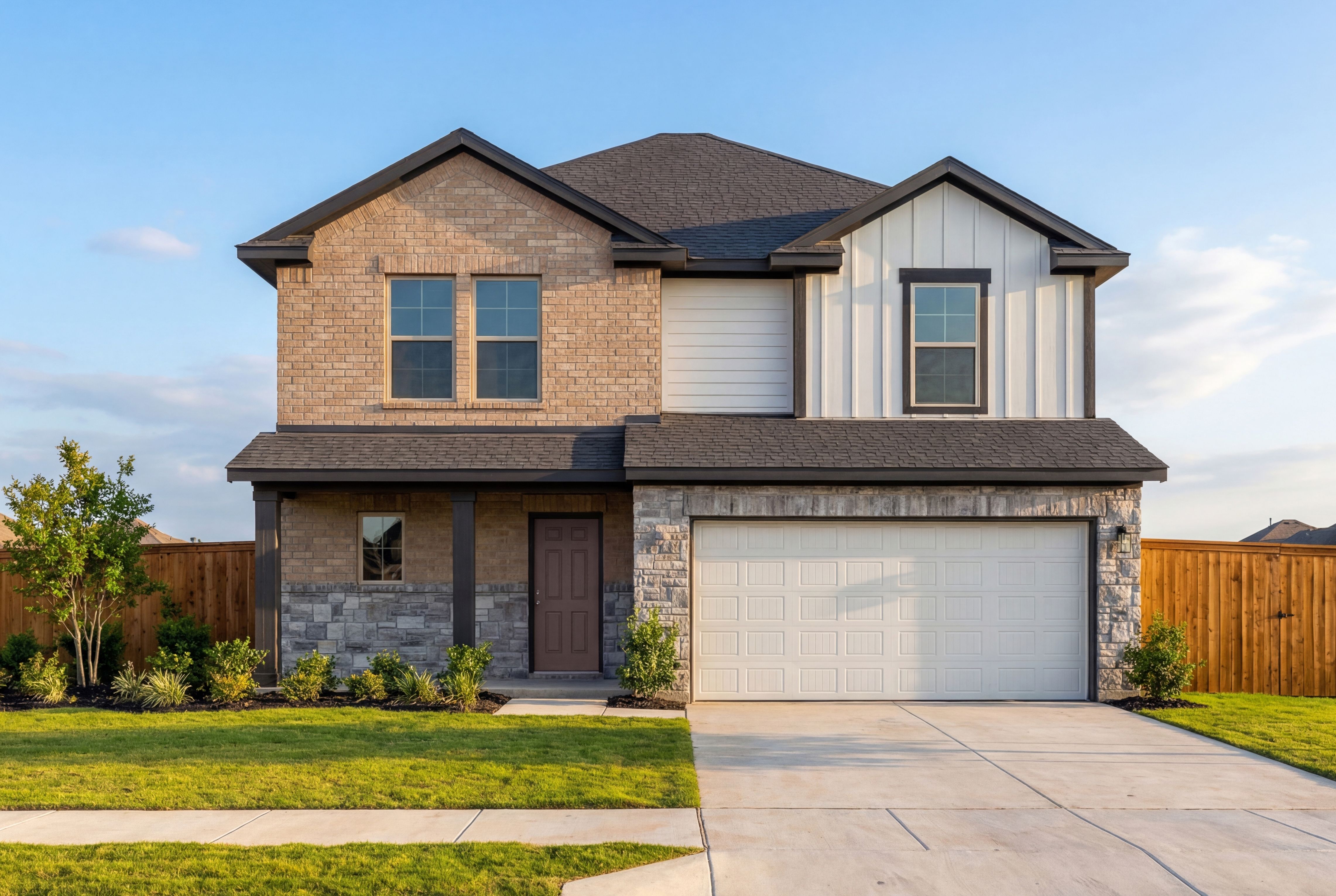 Modern two-story Tierra C home elevation with brick and white siding, two-car garage, stone accents, and lush front yard landscaping