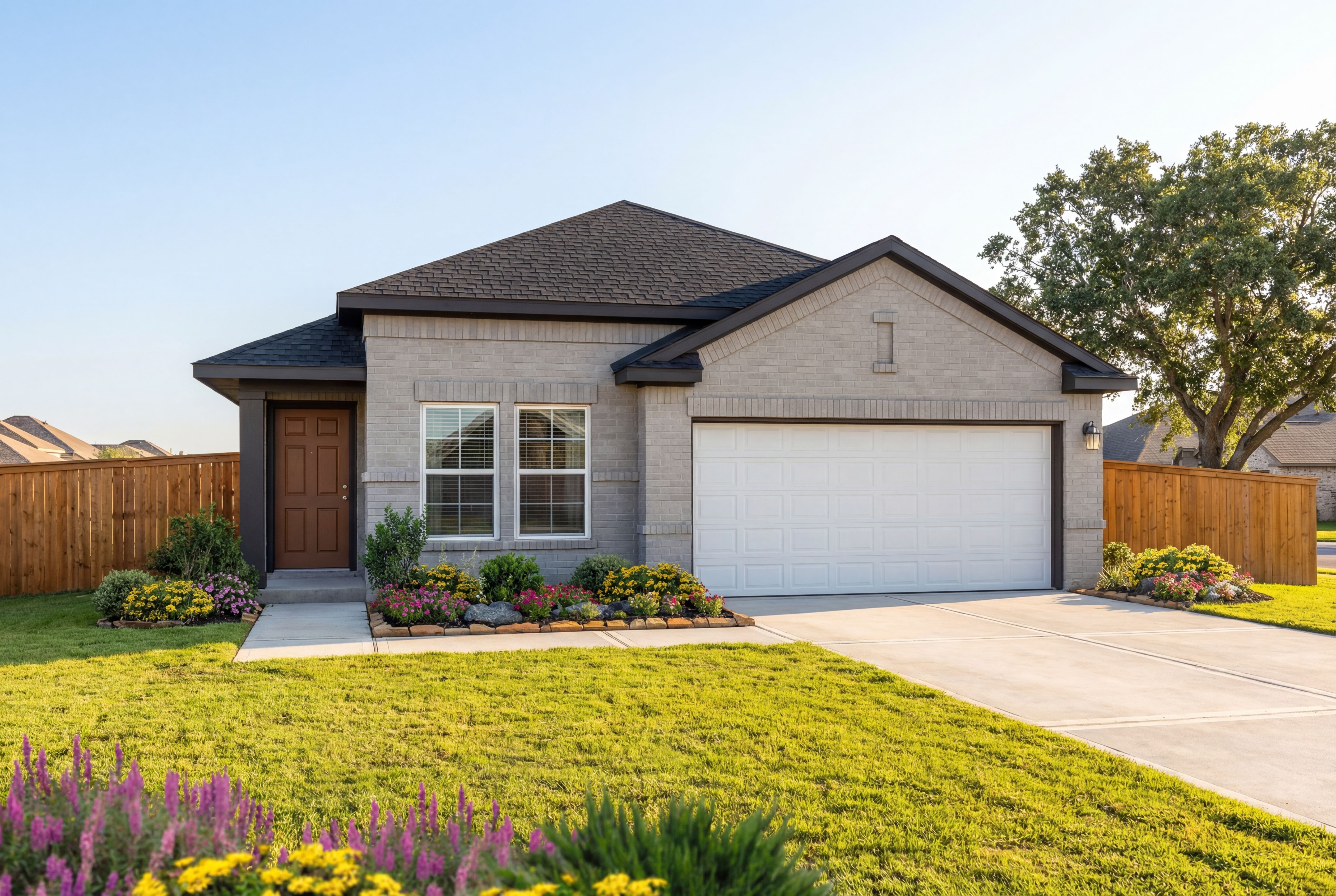Contemporary single-story elevation of Riviera A home featuring gray siding, two-car garage, and vibrant landscaped yard