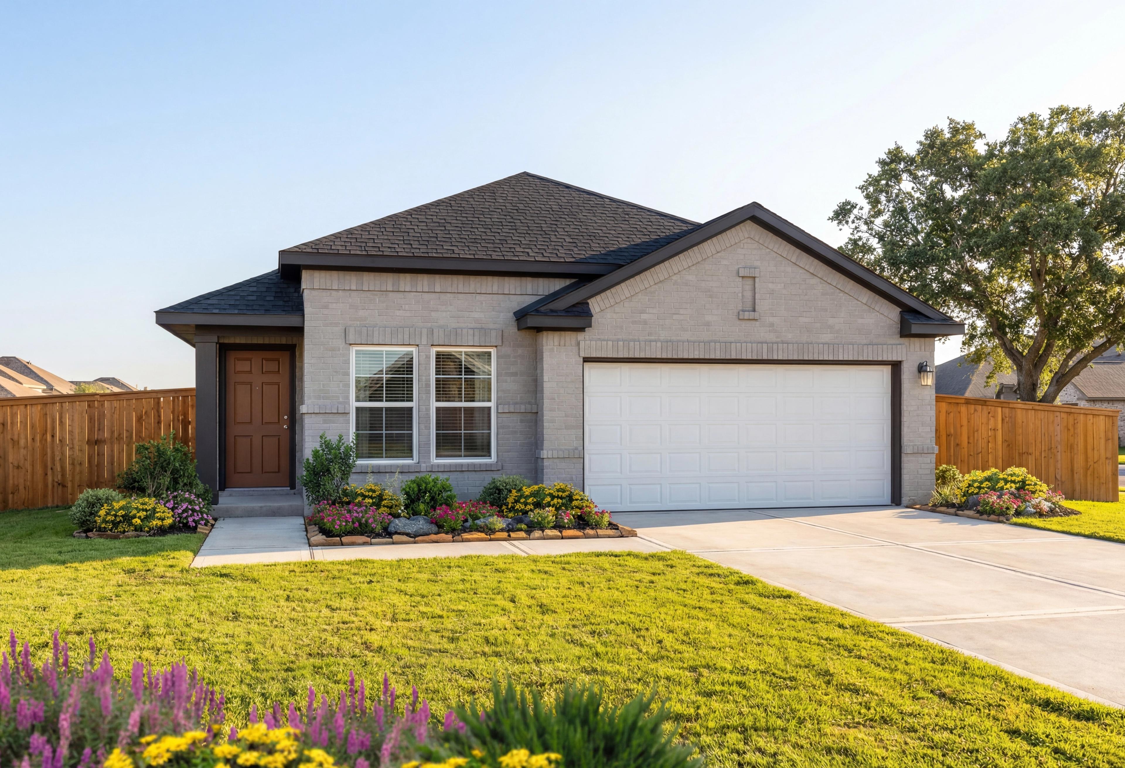 Contemporary single-story elevation of Riviera A home featuring gray siding, two-car garage, and vibrant landscaped yard