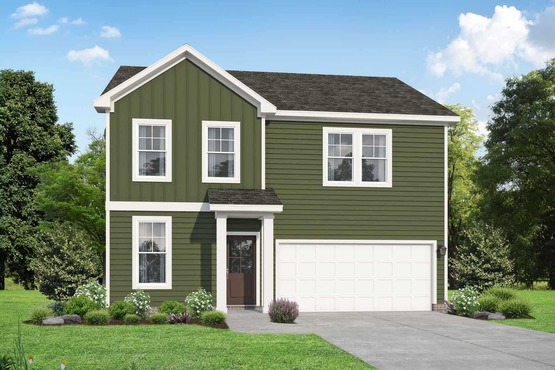 Two-story The Logan A home elevation in green siding, white trim, 2-car garage, and landscaped yard in White House, TN