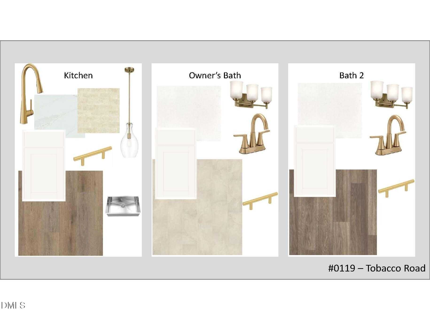 Kitchen and bath design board featuring faucets, pendant lights, and flooring for Davidson Homes The Cypress B II in Tobacco Road, Angier, NC