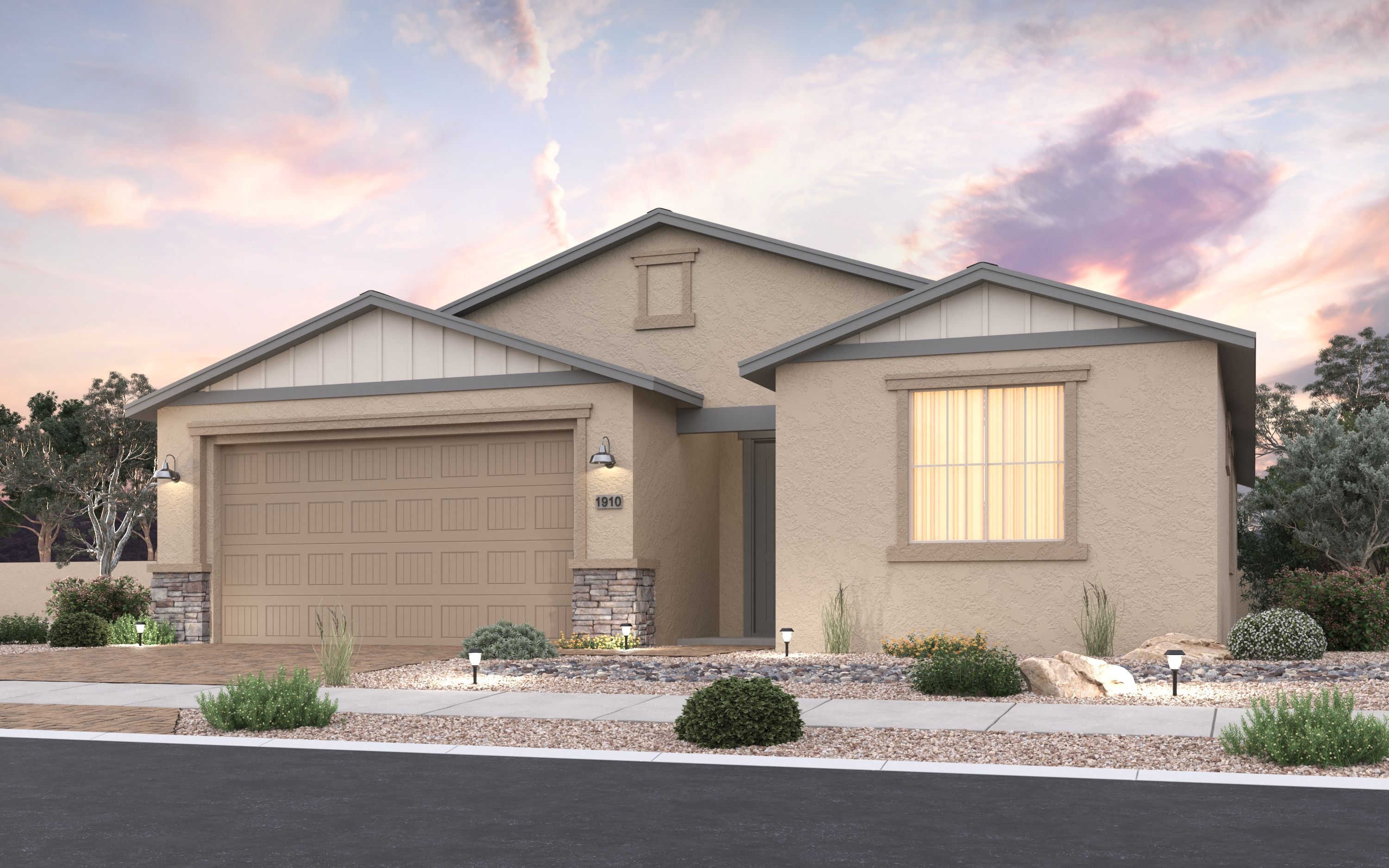 Modern single-story elevation of The Inspiration B home by Davidson Homes in Prescott Valley, AZ, with beige siding, 2-car garage, and desert landscaping