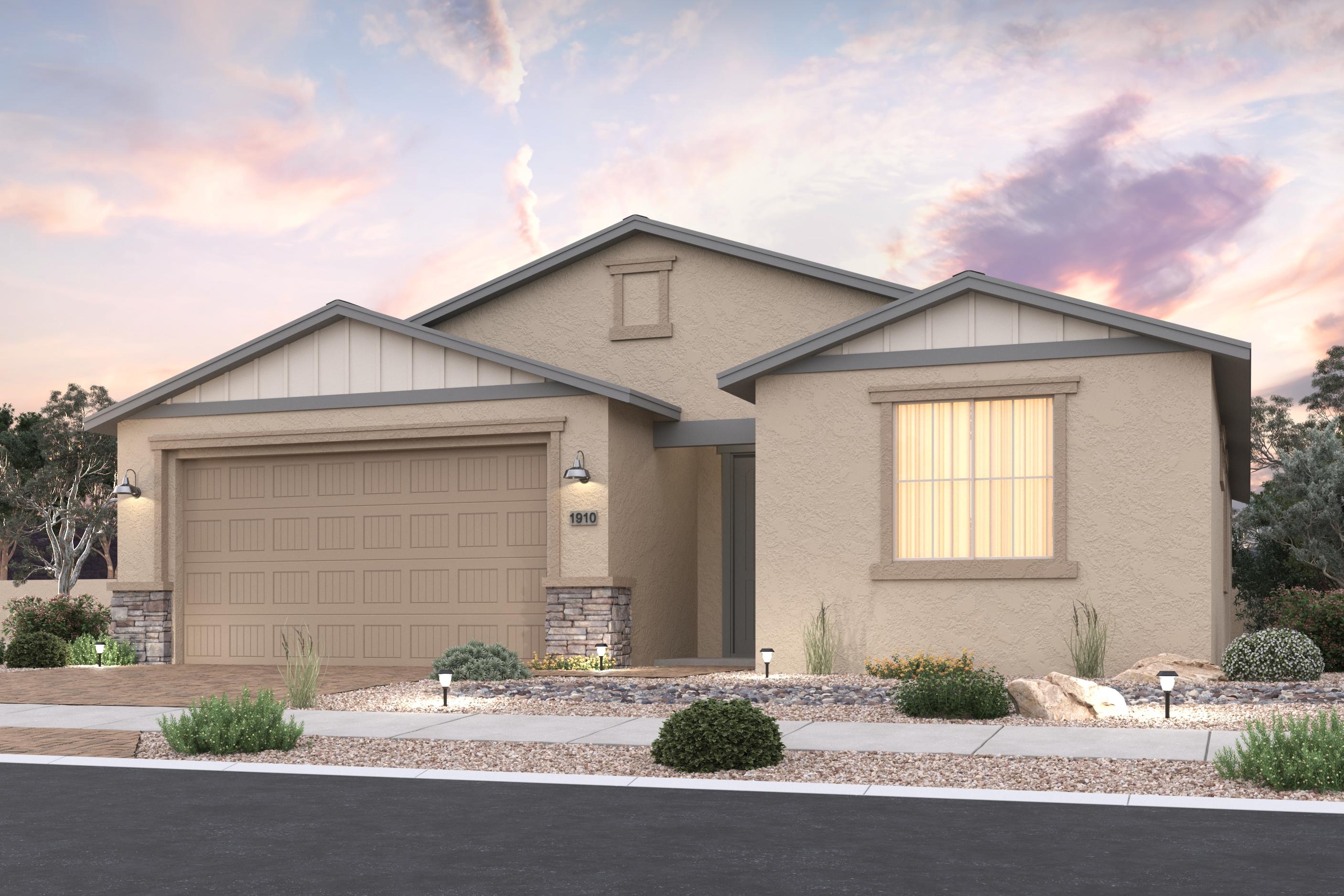 Modern single-story elevation of The Inspiration B home by Davidson Homes in Prescott Valley, AZ, with beige siding, 2-car garage, and desert landscaping