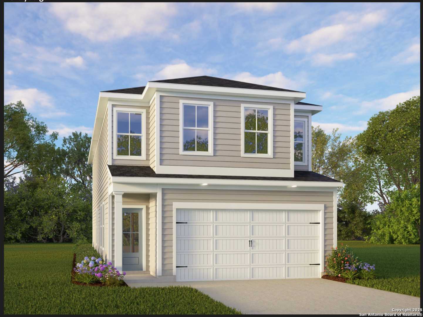 Two-story beige Charlotte A home with 2-car garage, front porch, and landscaped yard in Meadows at Oak Creek, San Antonio, Texas