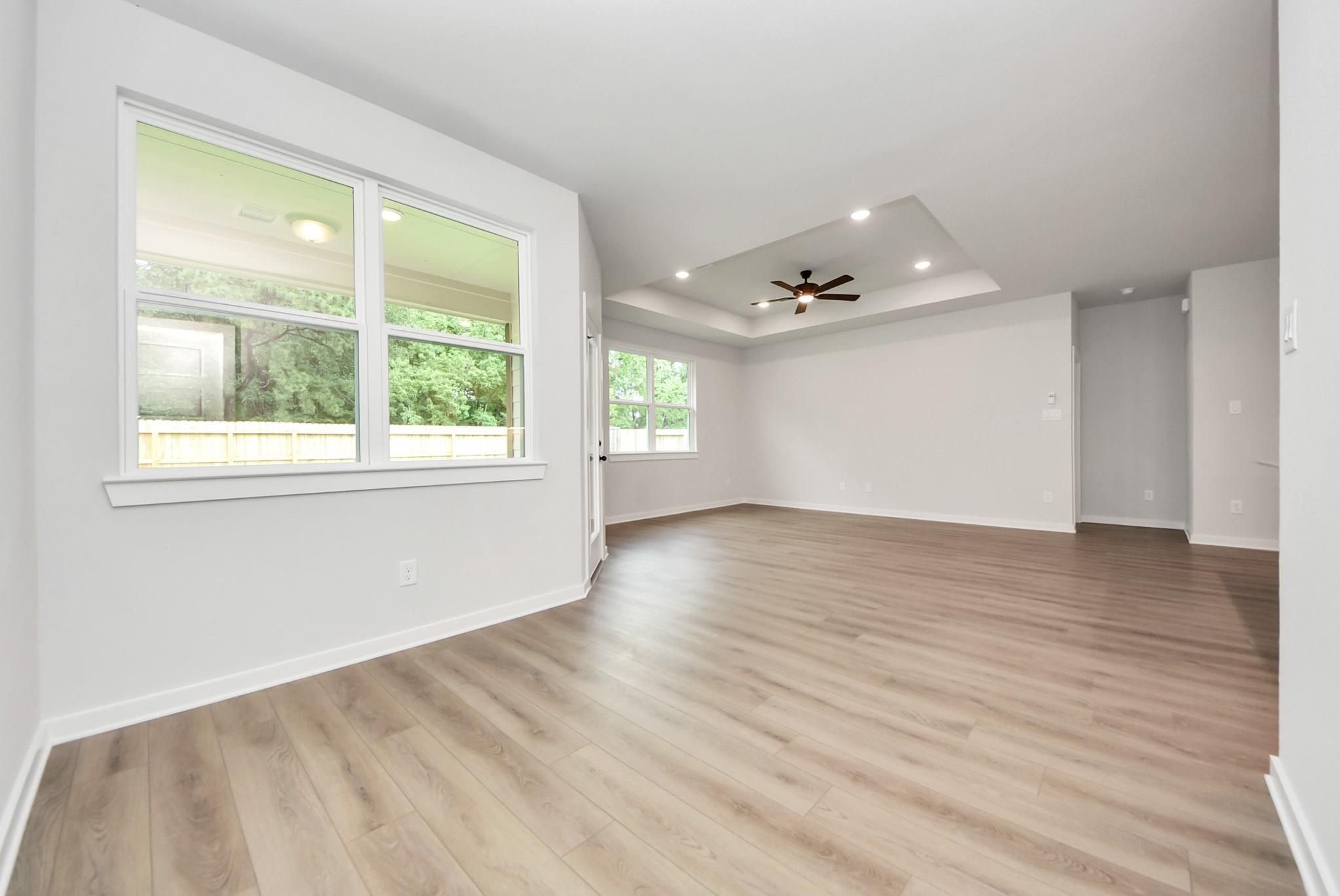 Spacious living room with tray ceiling and wood-look flooring in The Daphne F floor plan at Sundance Cove, Crosby, Texas.