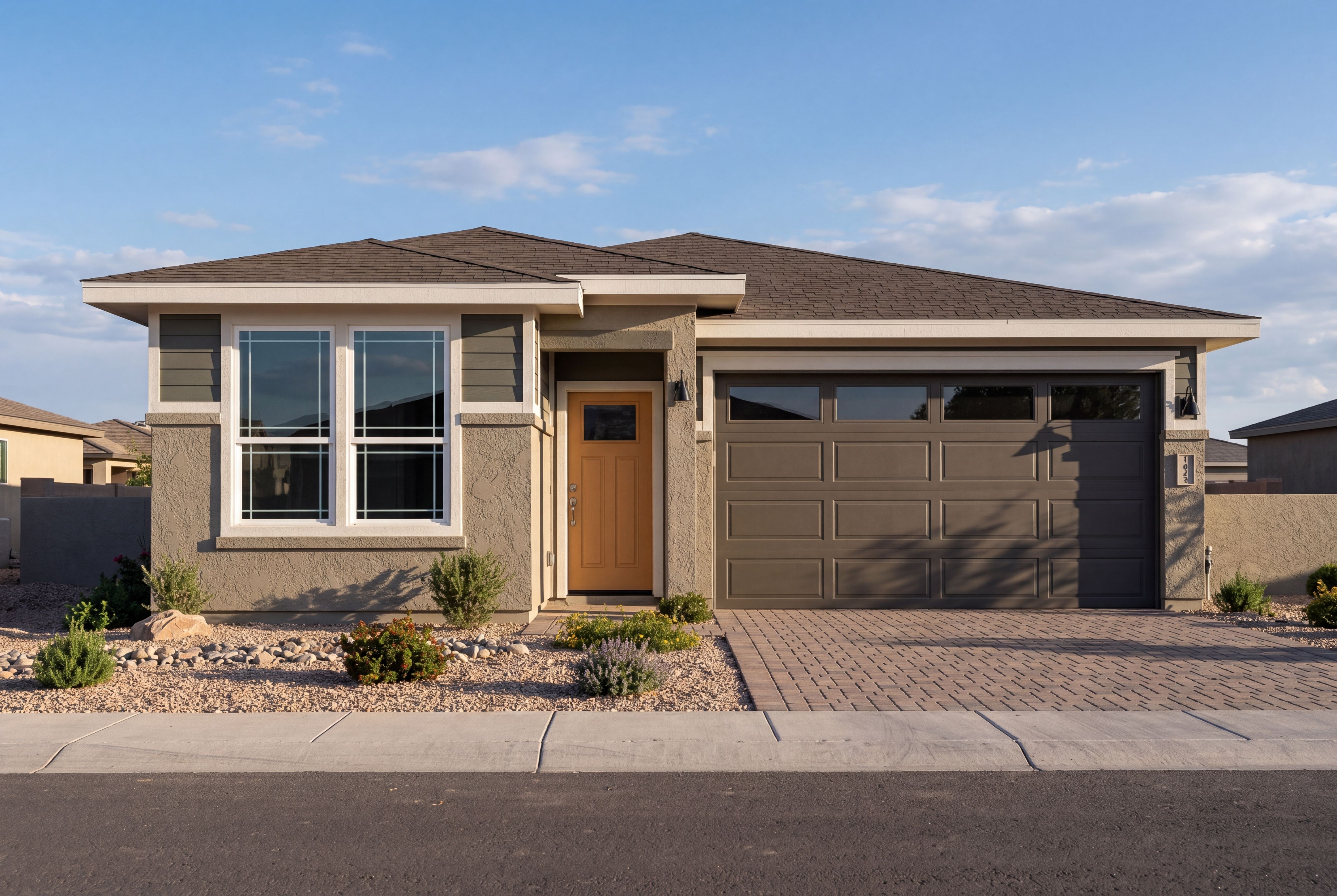 Modern single-story exterior of The Nantucket by Davidson Homes in Prescott, featuring a 3-car garage and desert landscaping.