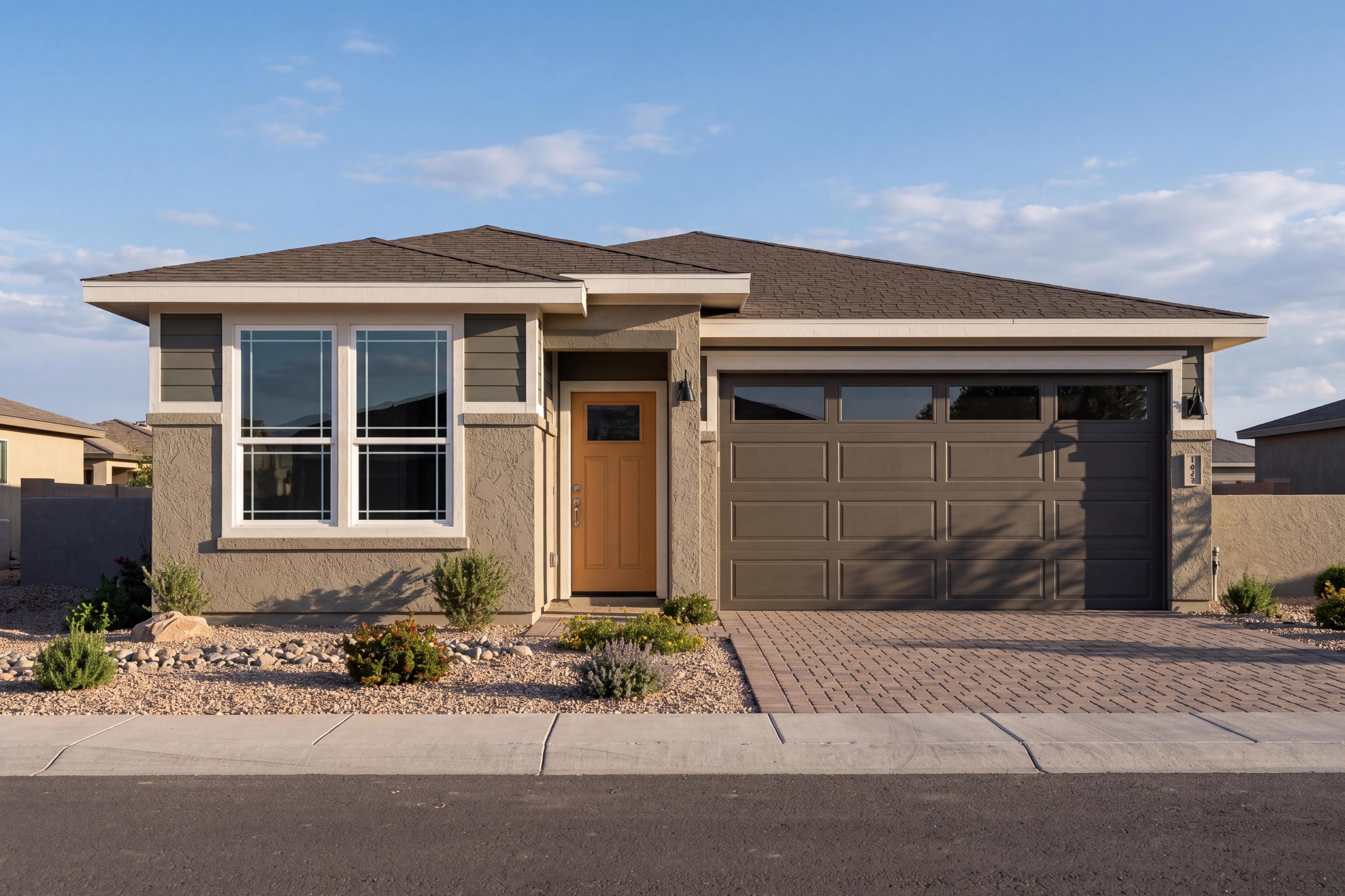 Modern single-story exterior of The Nantucket by Davidson Homes in Prescott, featuring a 3-car garage and desert landscaping.