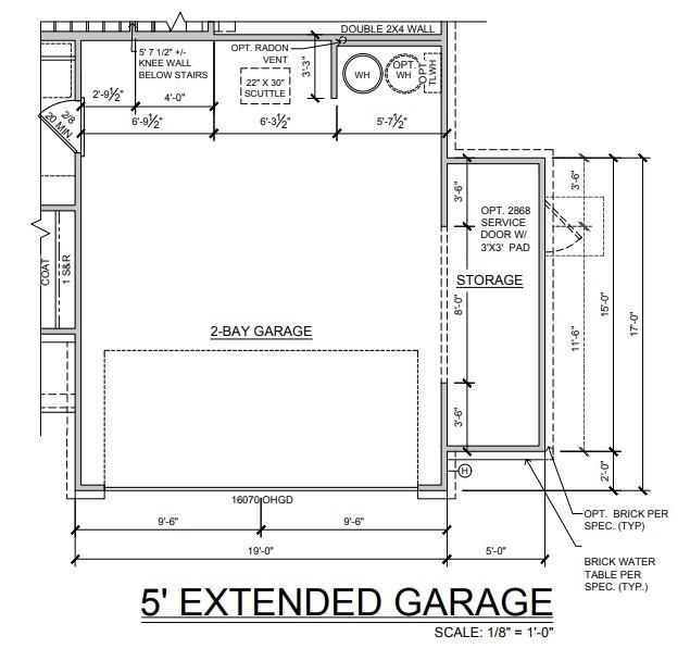 Detailed floor plan of 5' extended 2-bay garage with storage in Davidson Homes The San Marcos H, Katy, Texas