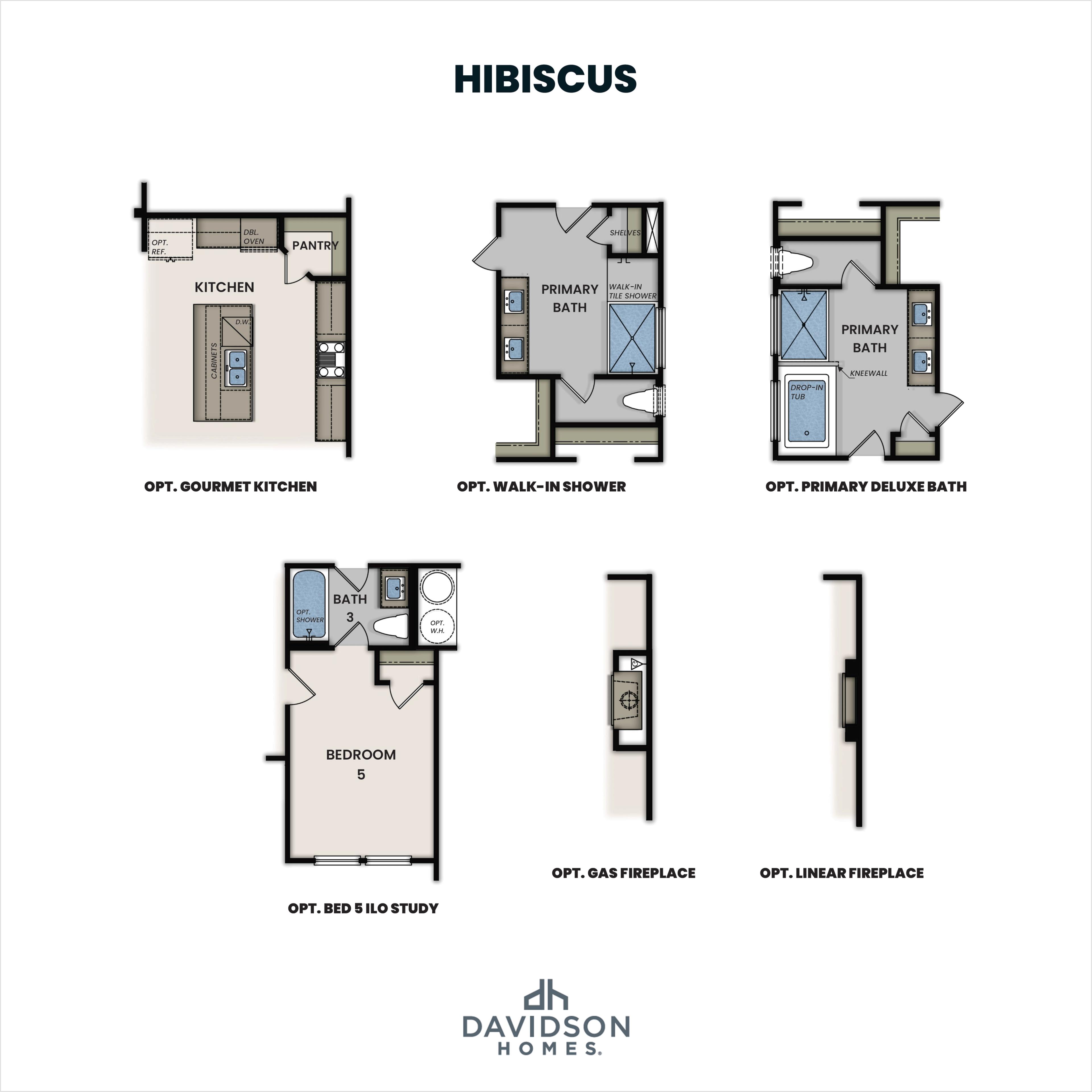 Optional floor plan features for The Hibiscus in Cullman, including gourmet kitchen, primary baths, bedroom 5, and fireplace.