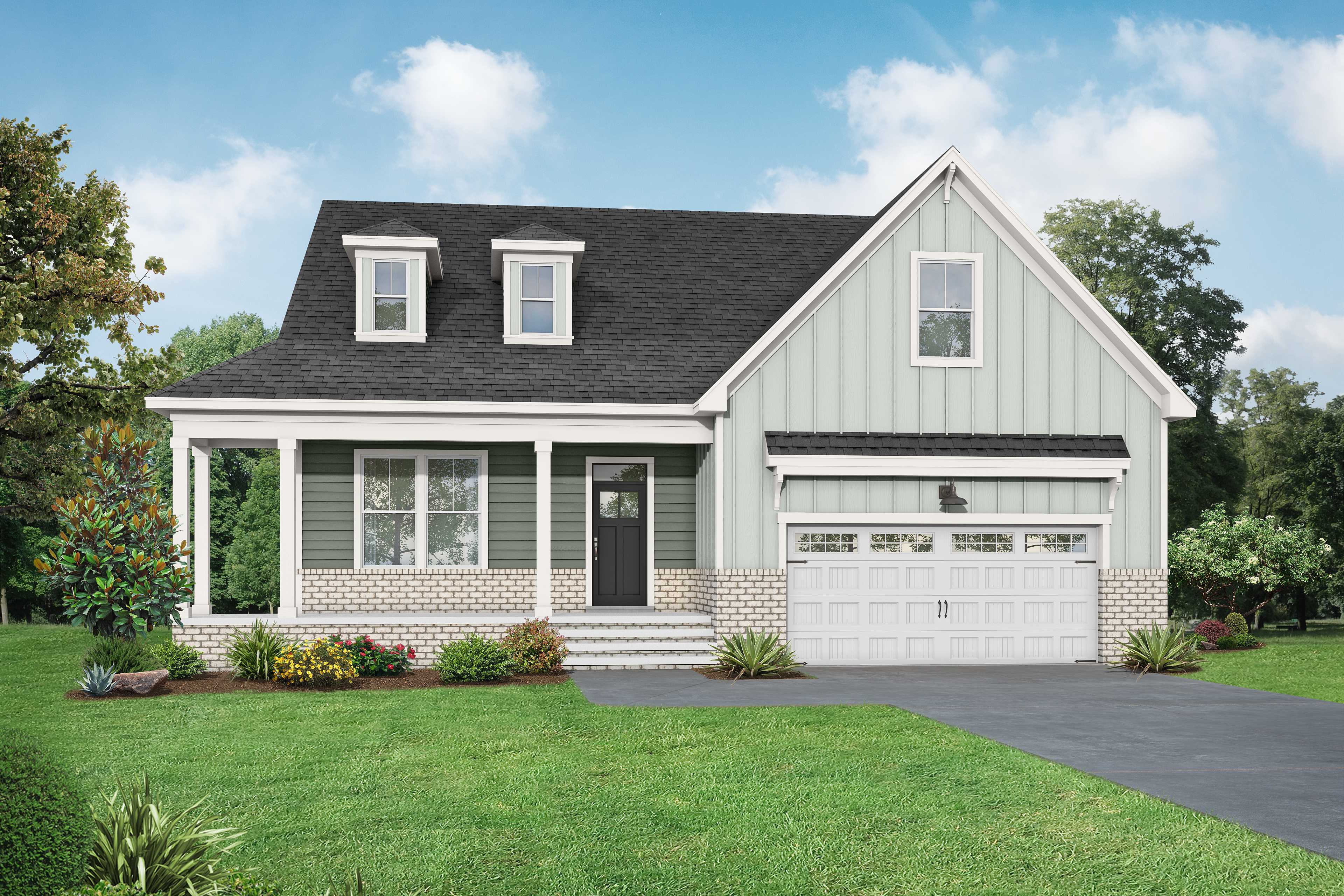 Two-story Cypress C II home elevation with sage green siding, brick accents, covered porch, 2-car garage, and landscaped yard in Angier NC