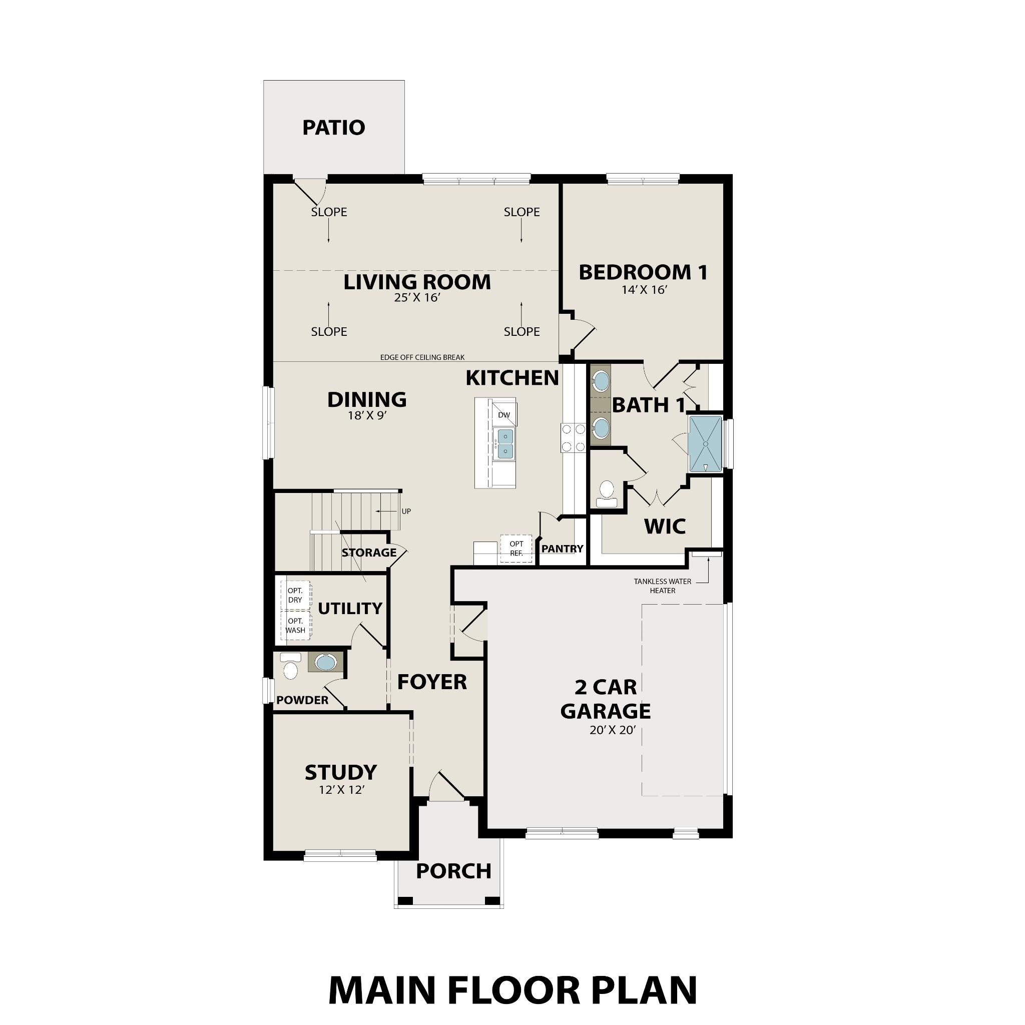 Main floor plan of The Ridgeport E: open kitchen, living room, study, guest bedroom, 2-car garage in Mt. Juliet, Tennessee home