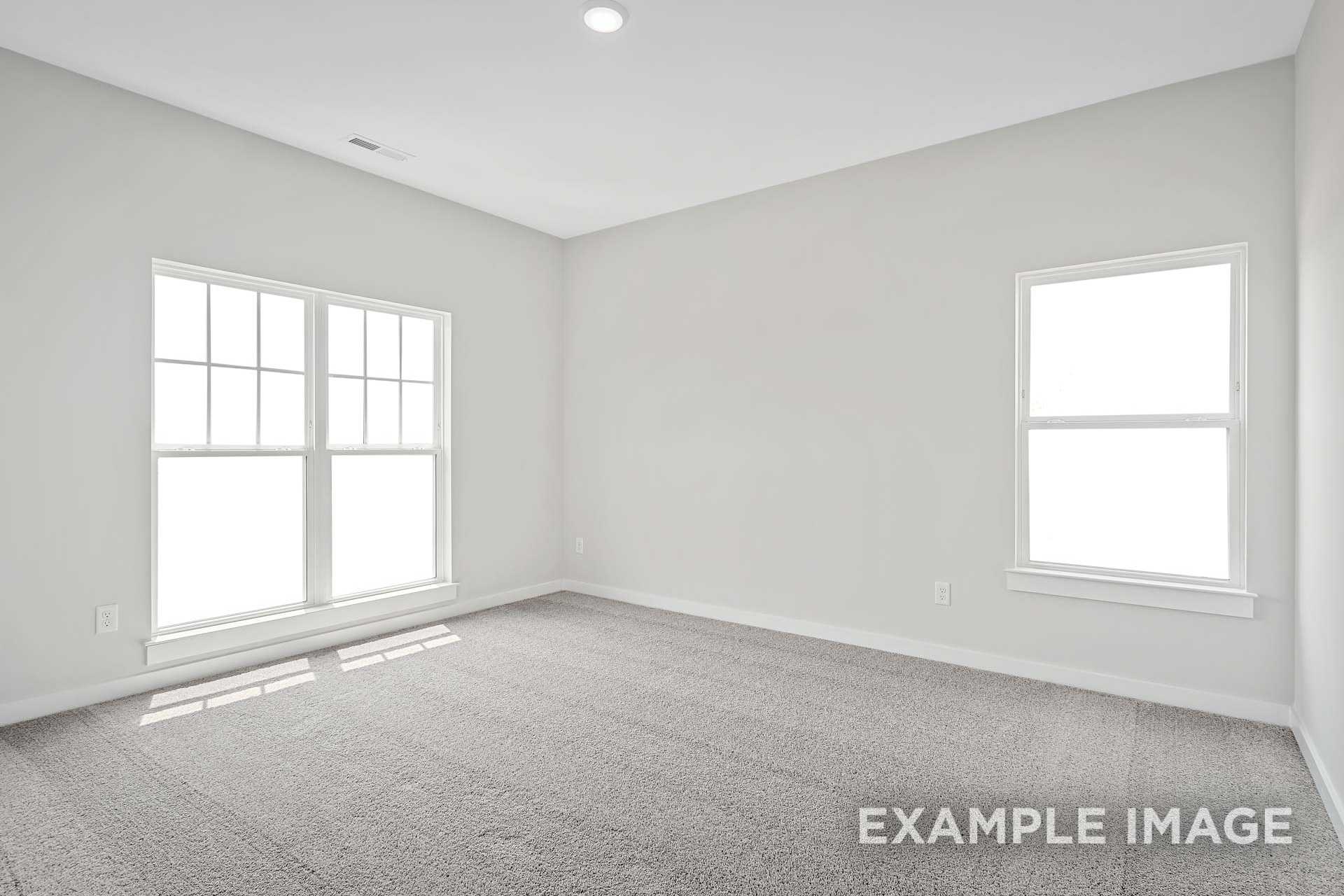 Spacious empty bedroom in The Hathaway with large white-framed windows, gray carpet, and soft gray walls