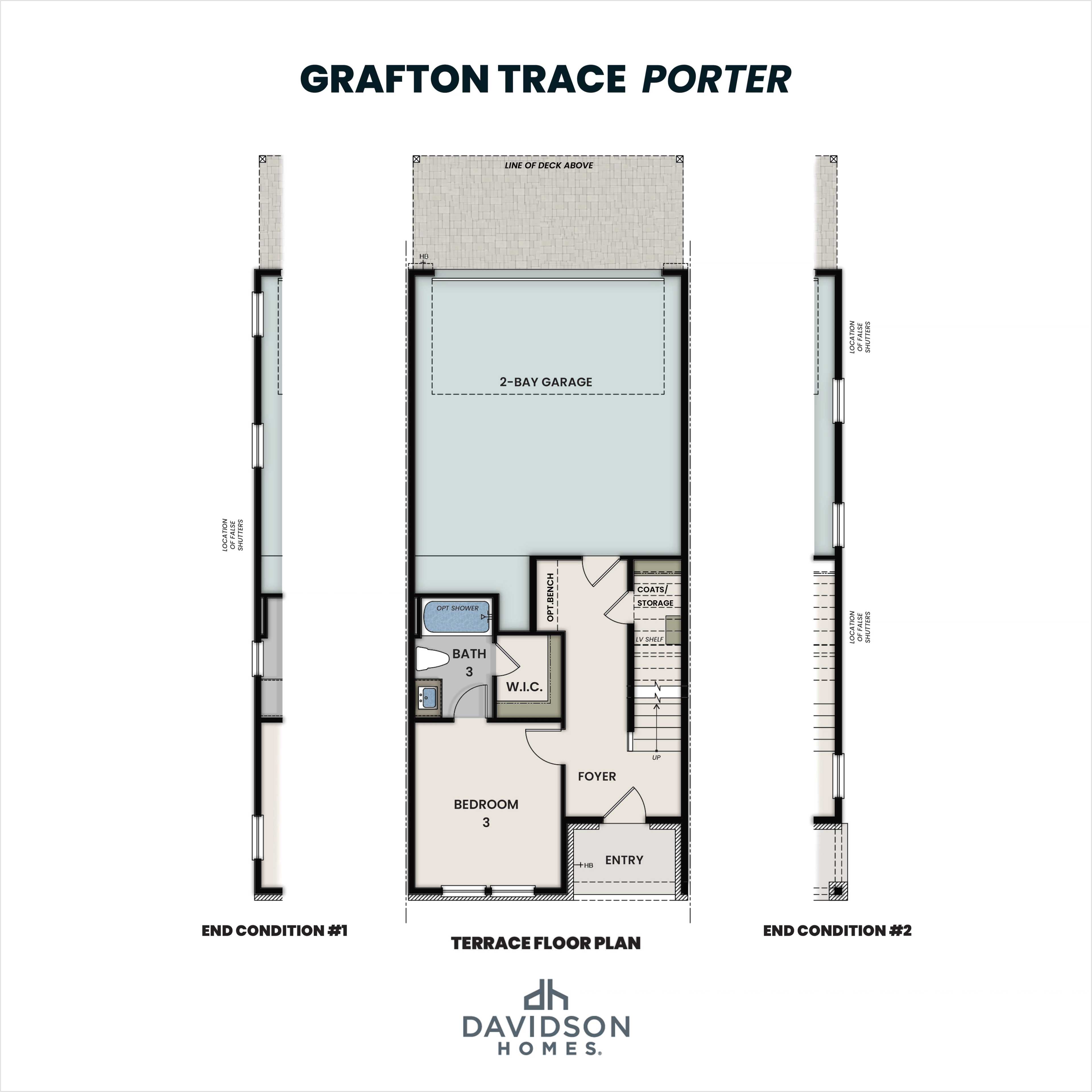 Terrace floor plan of The Porter B townhome with 2-car garage, bedroom 3, bath, and foyer in Grafton Trace, Woodstock GA