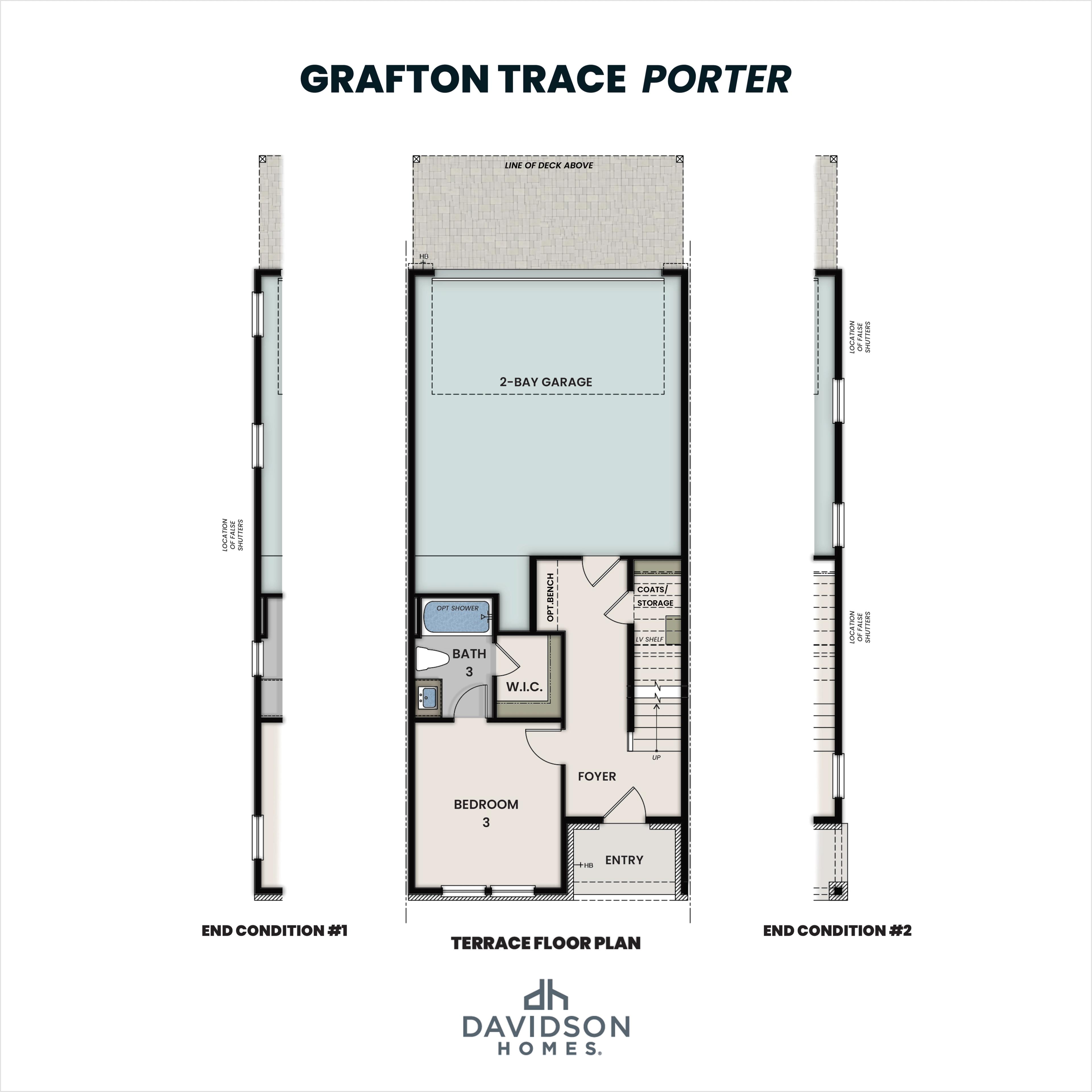 Terrace floor plan of The Porter 3-bedroom townhome featuring 2-car garage, Bedroom 3, full bath, and entry by Davidson Homes in Woodstock GA