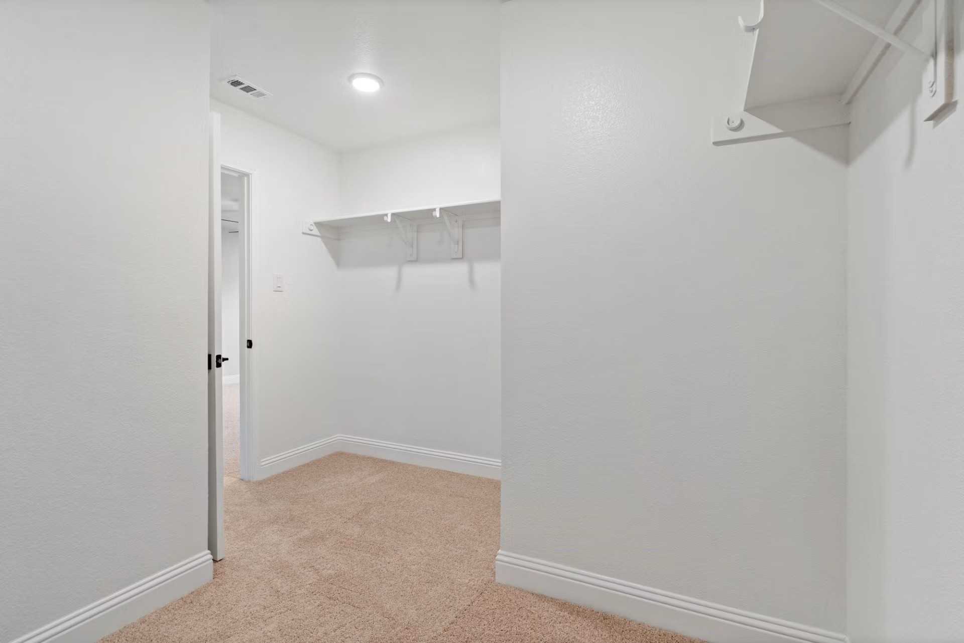 Spacious walk-in closet with white shelving, beige carpet, and open doorway in Davidson Homes The Wake D, Wylie, Texas