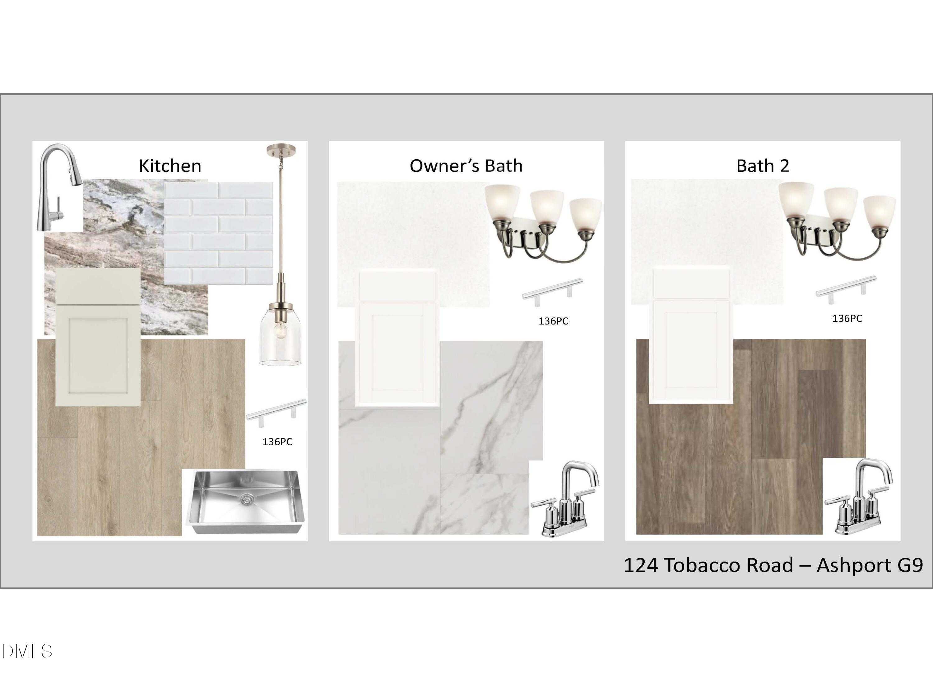 Kitchen, owner's bath, and bath 2 design board with faucets, marble tiles, wood floors in Davidson Homes Ashport G, Angier NC