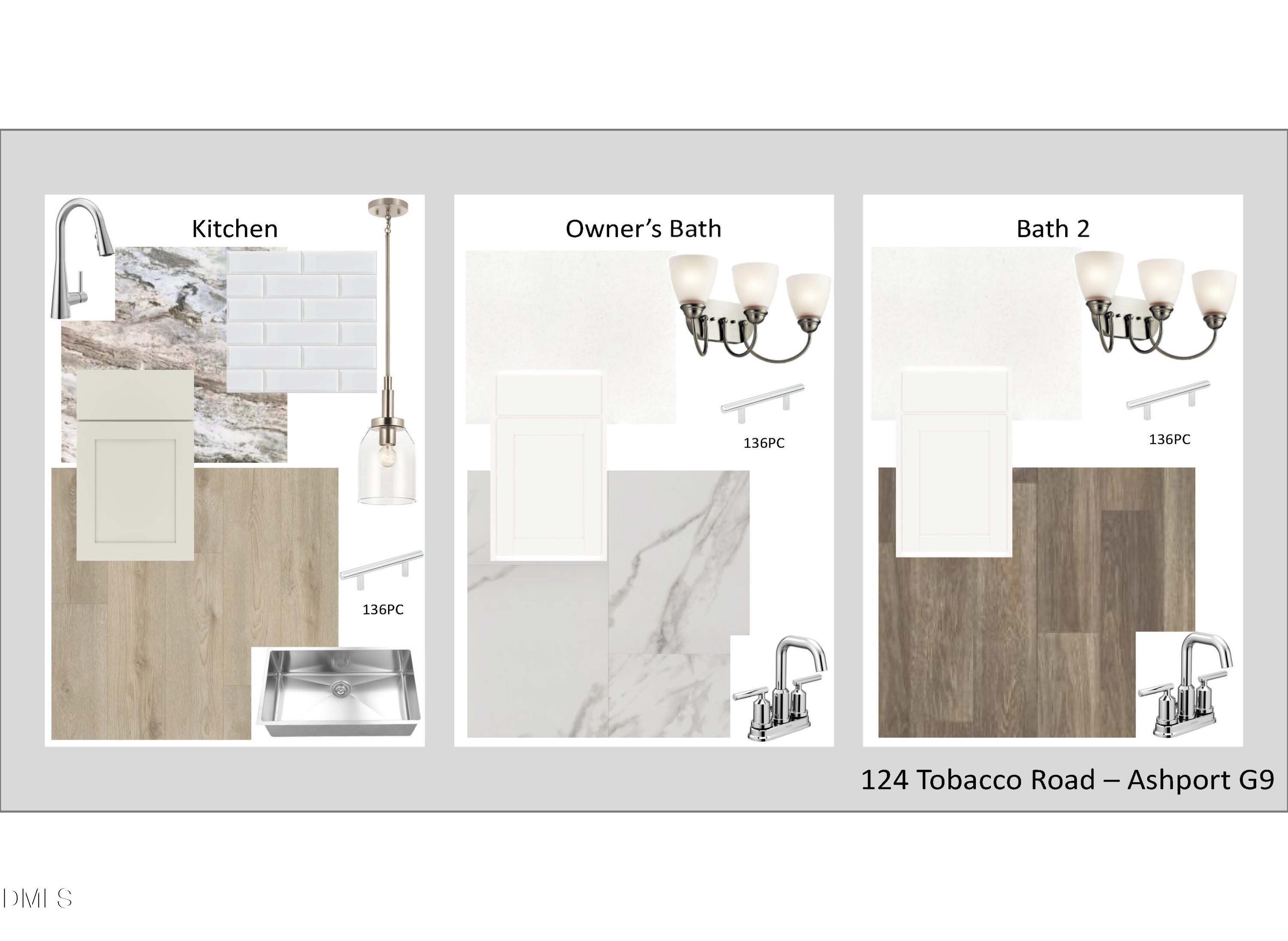 Kitchen, owner's bath, and bath 2 design board with faucets, marble tiles, wood floors in Davidson Homes Ashport G, Angier NC
