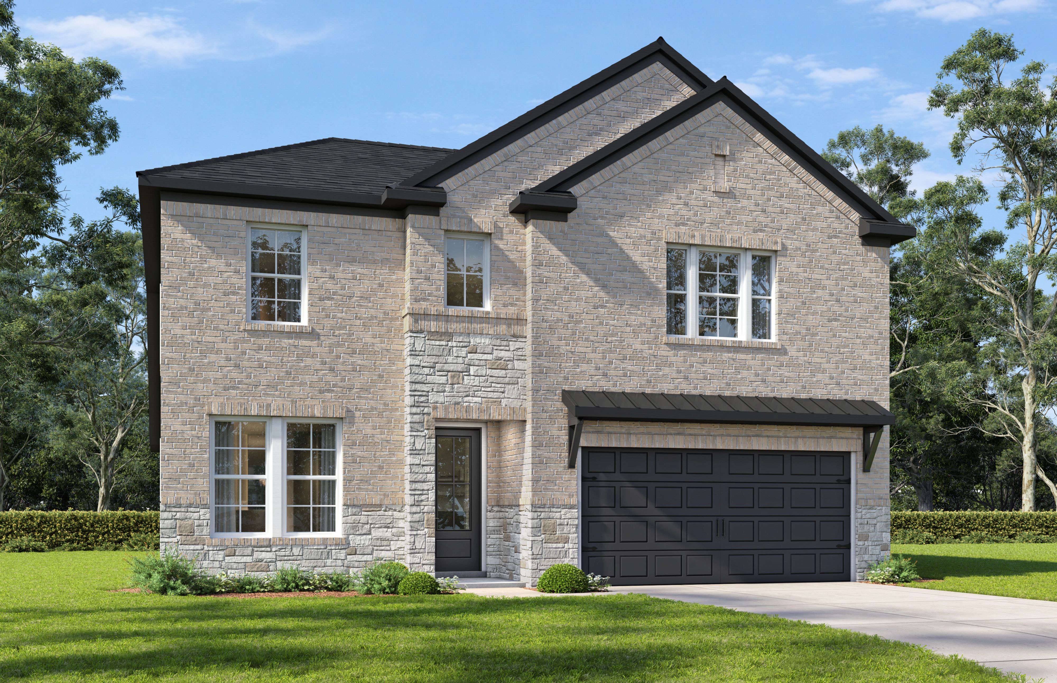 Two-story The Sycamore elevation by Davidson Homes featuring brick and stone facade, black roof, two-car garage