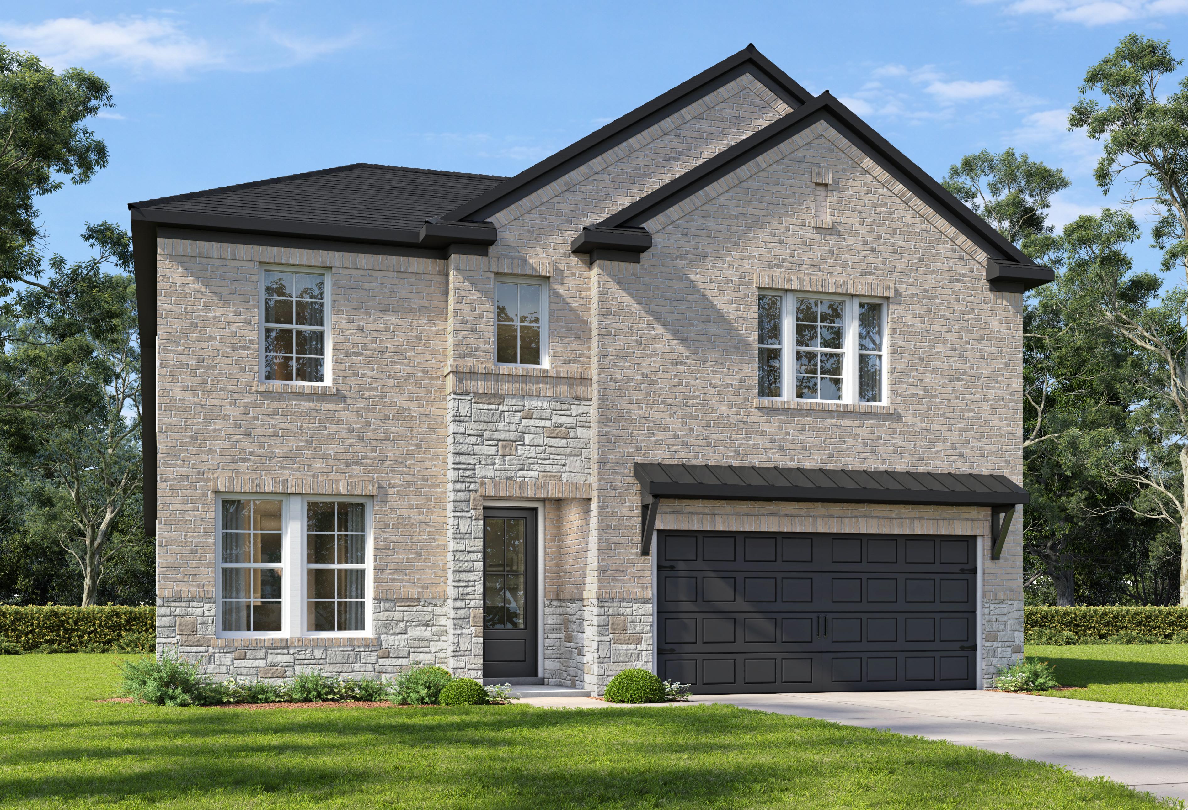 Two-story The Sycamore elevation by Davidson Homes featuring brick and stone facade, black roof, two-car garage