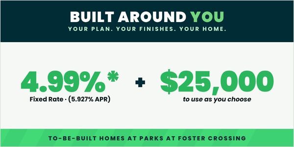 New home construction promotion in Dallas featuring a 4.99% rate lock and $25,000 flex cash incentive.
