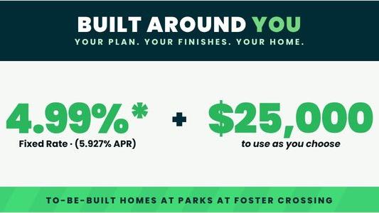 New home construction promotion in Dallas featuring a 4.99% rate lock and $25,000 flex cash incentive.