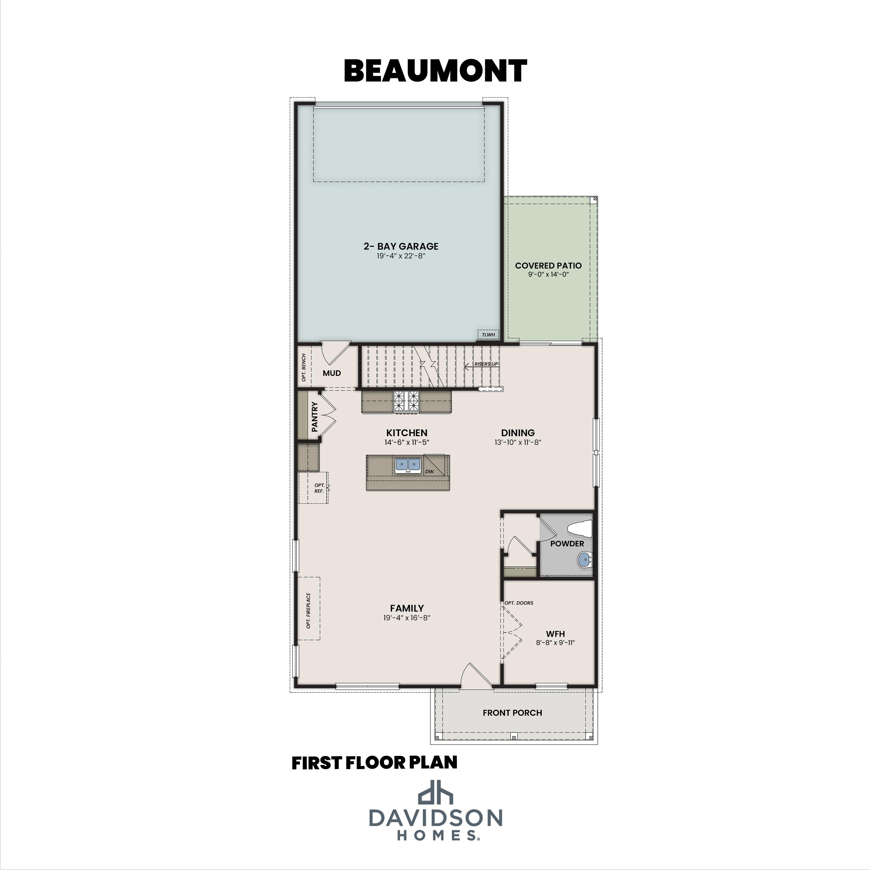 First floor plan of The Beaumont by Davidson Homes featuring an open-concept kitchen, family room, and 2-car garage.