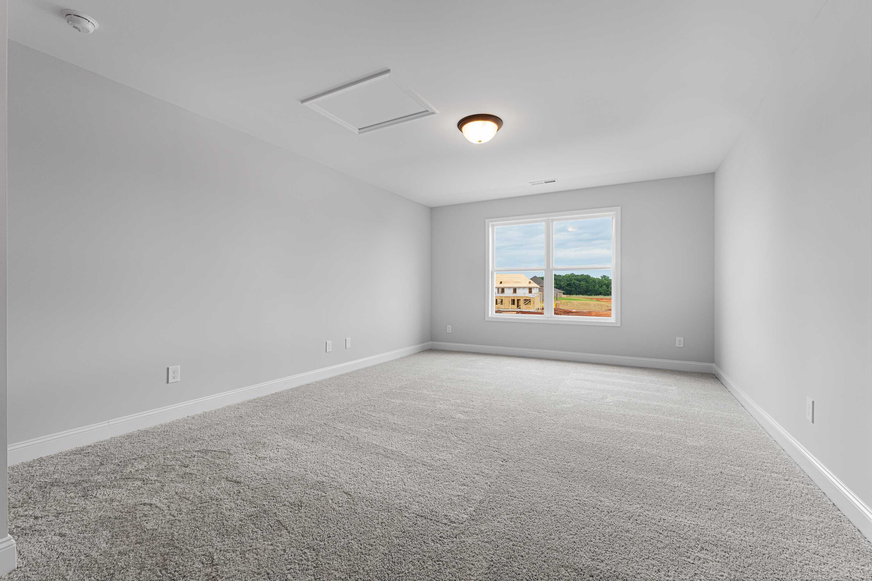 Spacious secondary bedroom in The Copeland D with gray walls, plush carpet, ceiling light, and large window overlooking neighborhood
